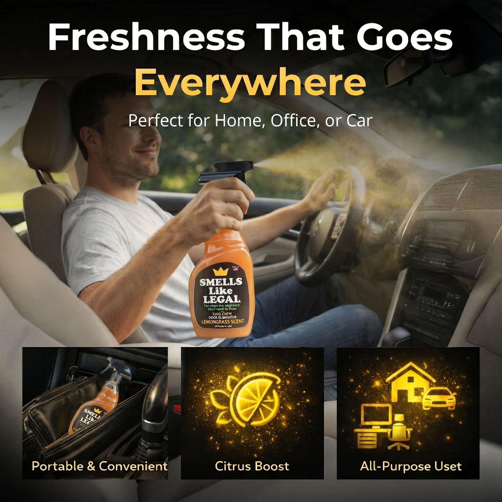 Smells Like Legal™ Lemongrass Odor Eliminator Spray - Powerful Commercial-Grade - Eliminates Smoke, Pet & Food Odors at source - Fabric-Safe