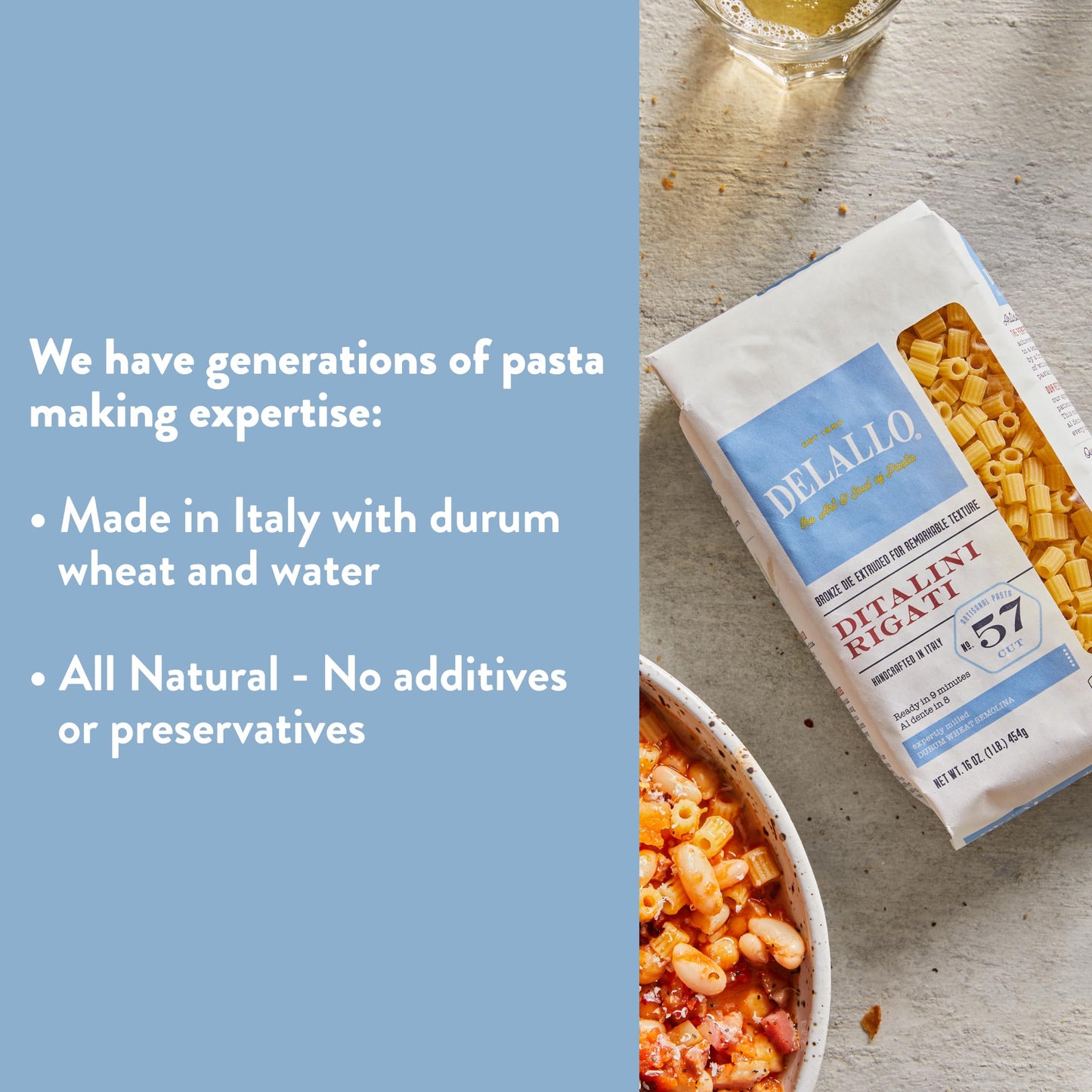 DeLallo Ditalini Pasta, Made in Italy, Made with Only 100% Durum Wheat Semolina Non-Enriched Flour, Bronze Cut, Non-GMO, All Natural, Vegan, Kosher, 1