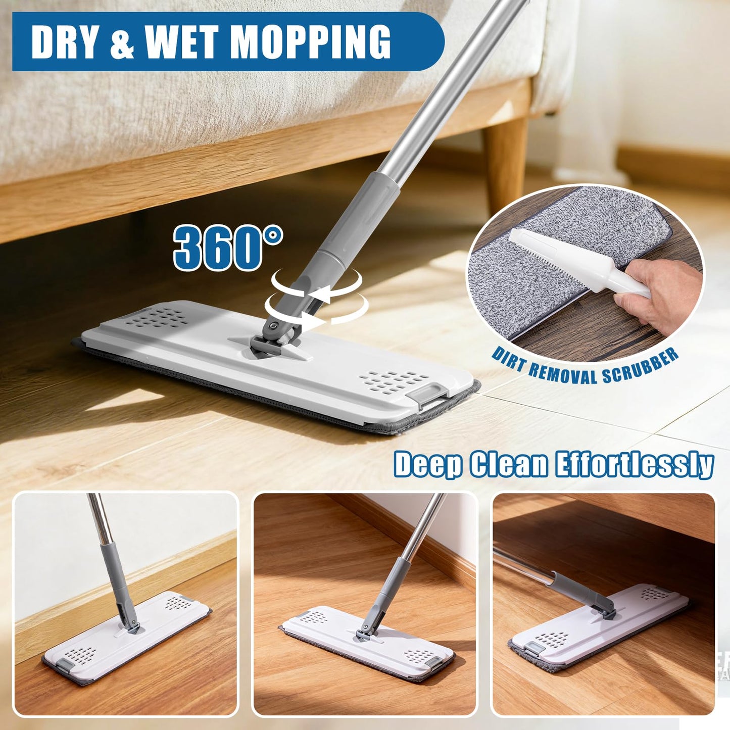 Flat Mop and Bucket Set with Heavy Duty Scrub Brush, 2 Washable Reusable Microfiber Pads, for Tile Hardwood, Wall Cleaning, Home Indoor or Outdoor