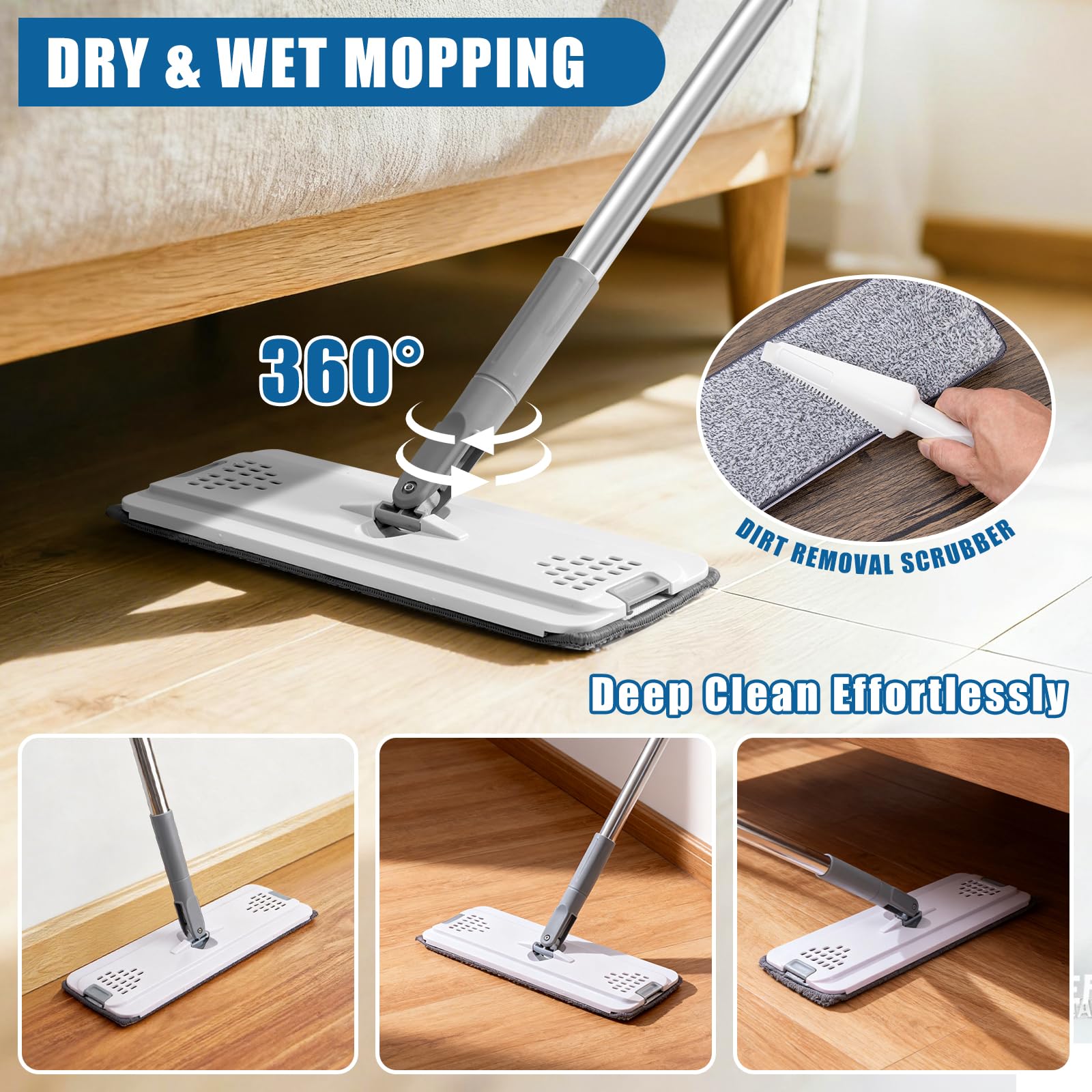 Flat Mop and Bucket Set with Heavy Duty Scrub Brush, 2 Washable Reusable Microfiber Pads, for Tile Hardwood, Wall Cleaning, Home Indoor or Outdoor