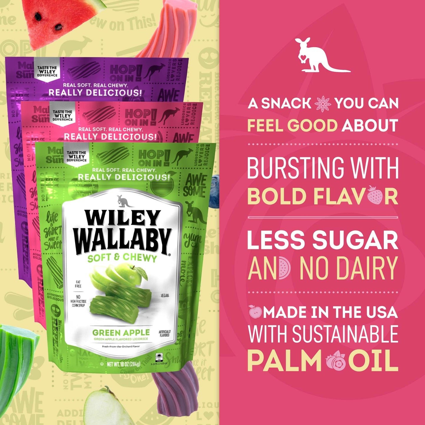 Wiley Wallaby Licorice 10 Ounce Variety Pack - Huckleberry, Apple & Watermelon Classic Gourmet Australian Style Soft & Chewy Licorice Candy - Pack