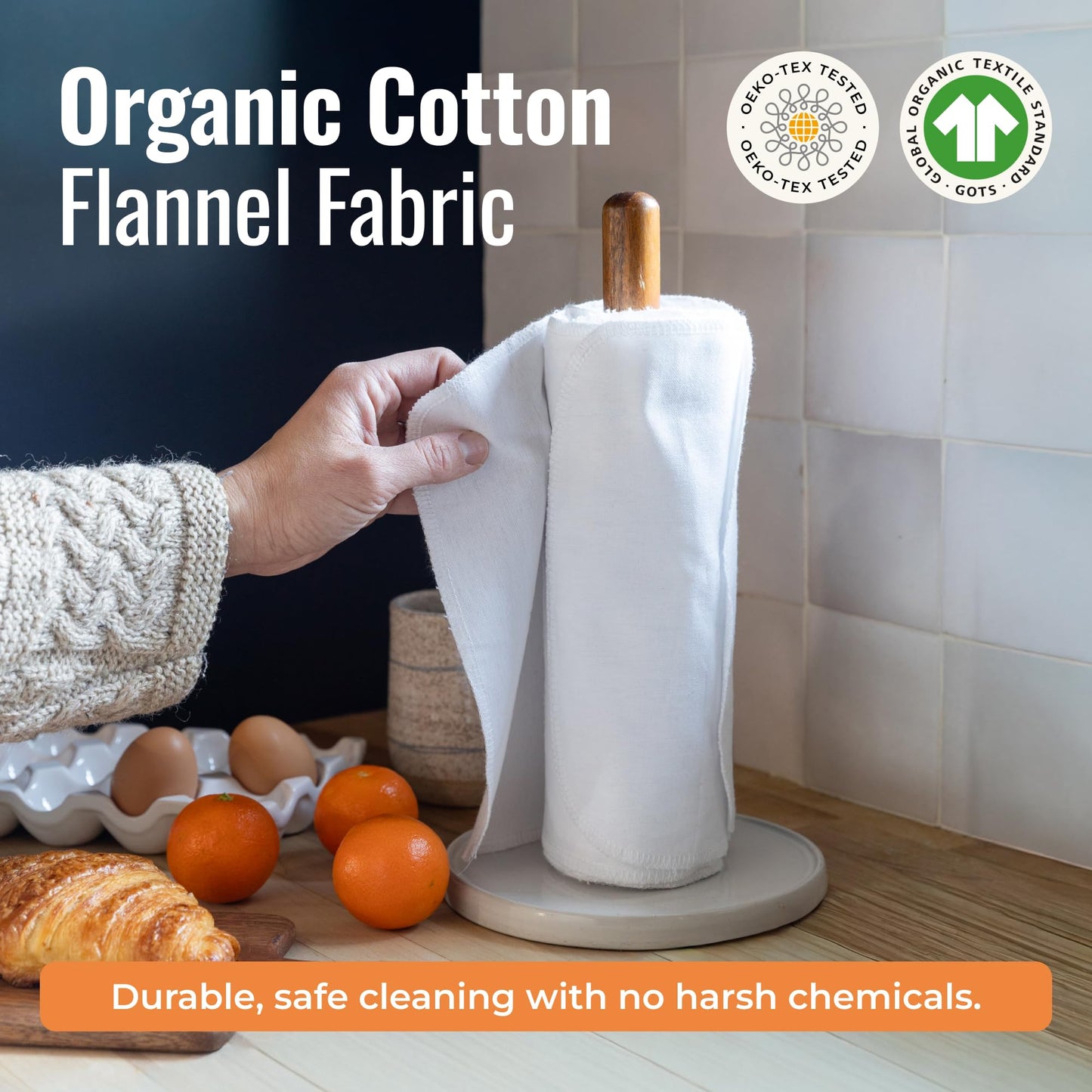 Zero Waste Reusable Paper Towels, Organic Cotton Flannel Wipes for Kitchen, Bathroom, Hand Drying, Pet Messes, and Counter Cleaning, White, 24-Pack