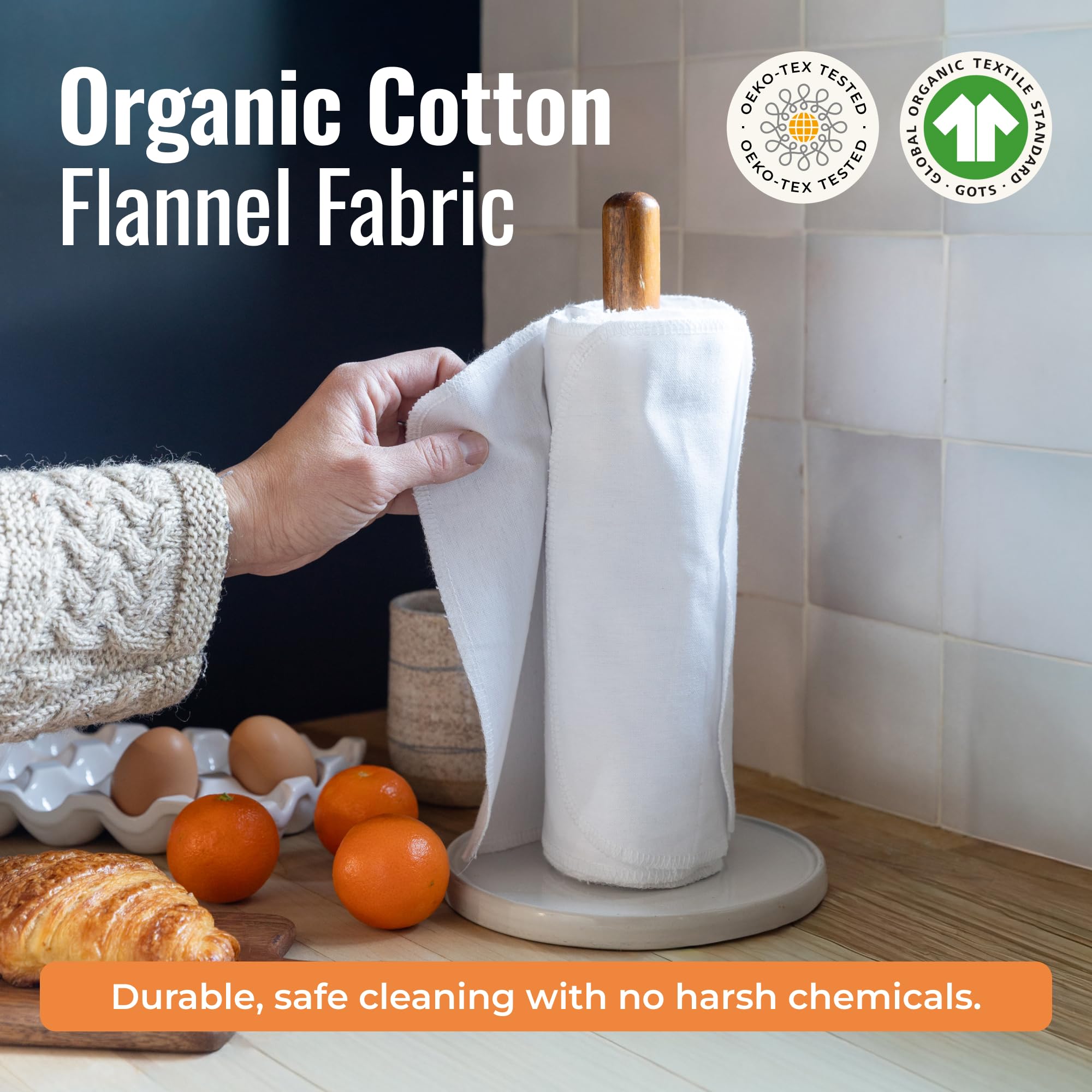 Zero Waste Reusable Paper Towels, Organic Cotton Flannel Wipes for Kitchen, Bathroom, Hand Drying, Pet Messes, and Counter Cleaning, White, 24-Pack