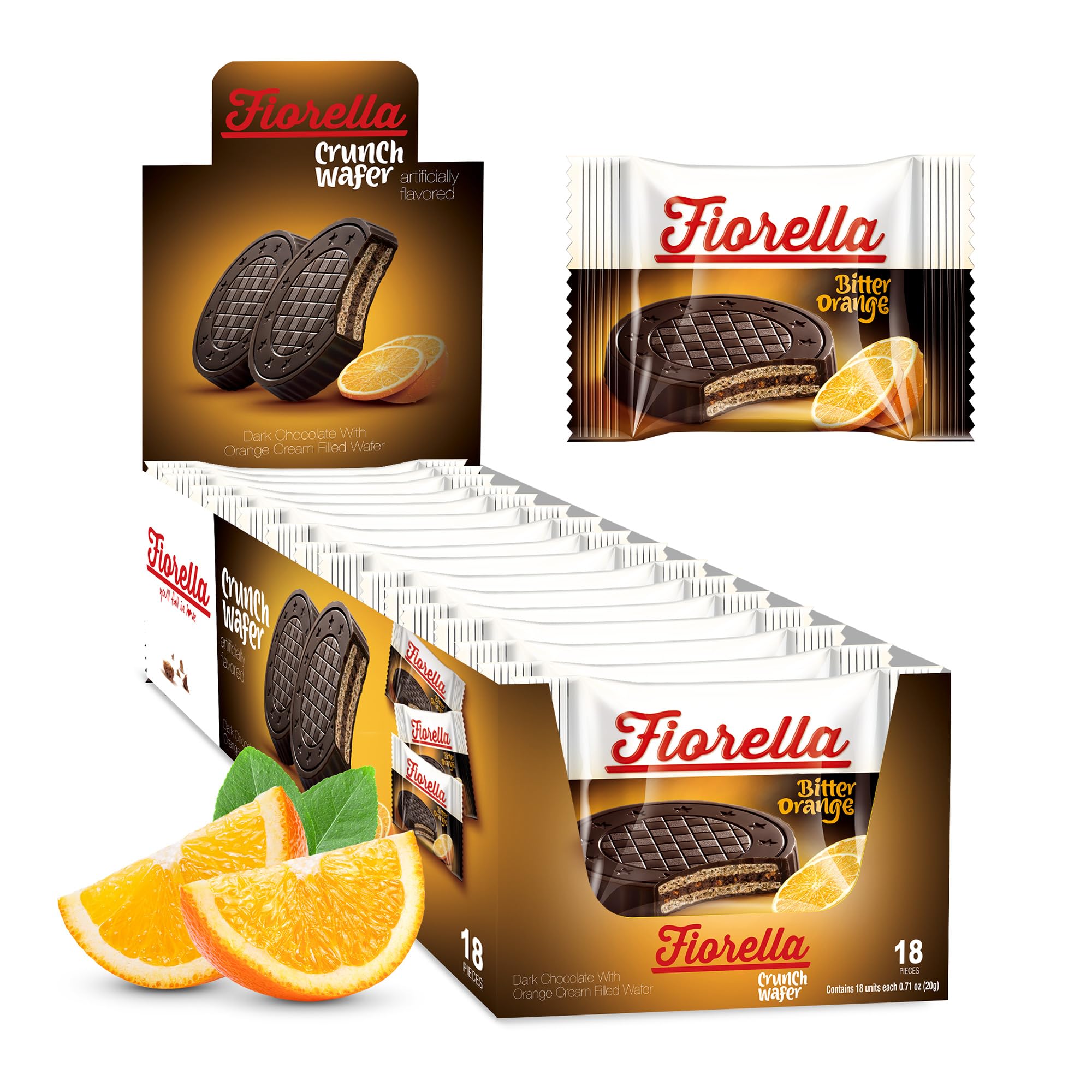 Fiorella Crunch Dark Chocolate Wafer Cookies, 18 Count, Chocolate Covered Crispy Thin Wafers with Layers of Orange Cream Filling, Individually Wrapped