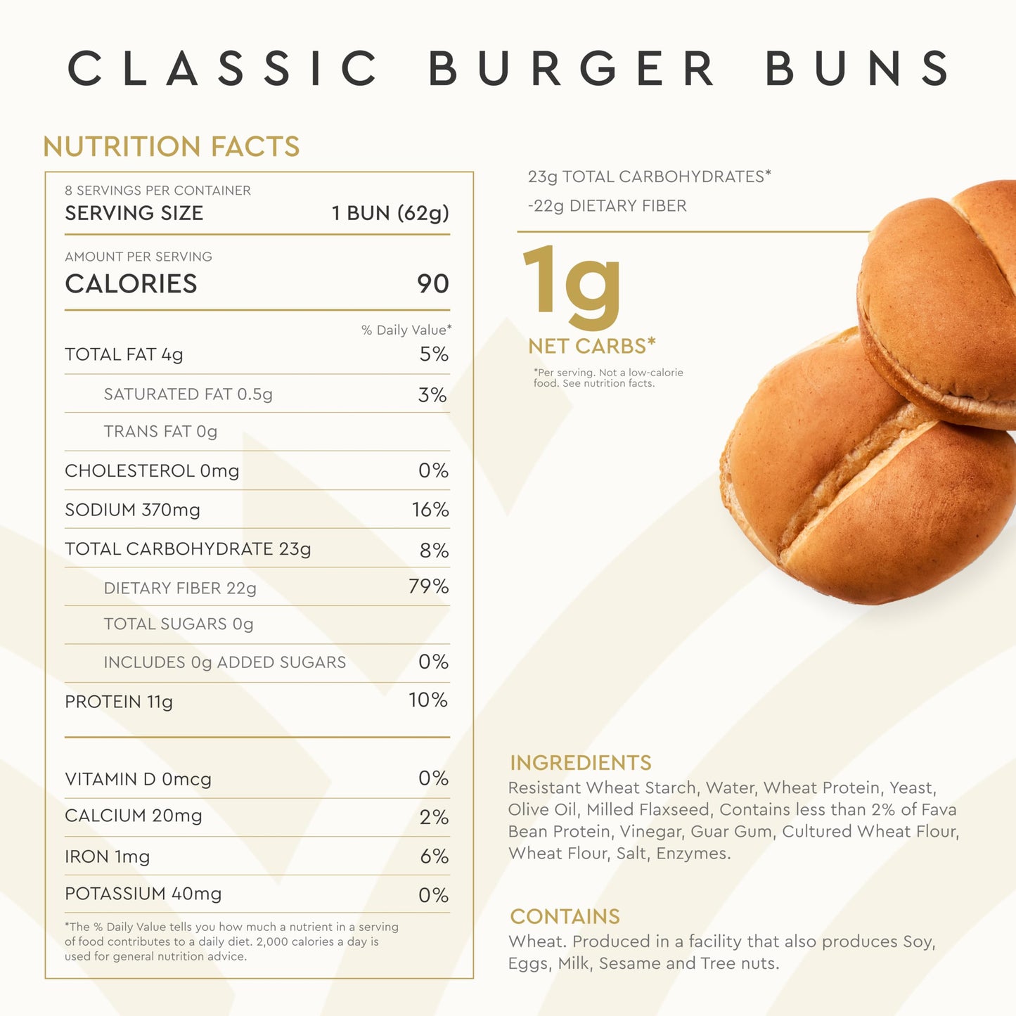 Hero Classic Hamburger Buns - Burger Buns | Net Low Carb Buns | High Fiber, 1g Net Carbs, 0g Sugar & 90 Calories Per Serving Burger Rolls (16 Buns
