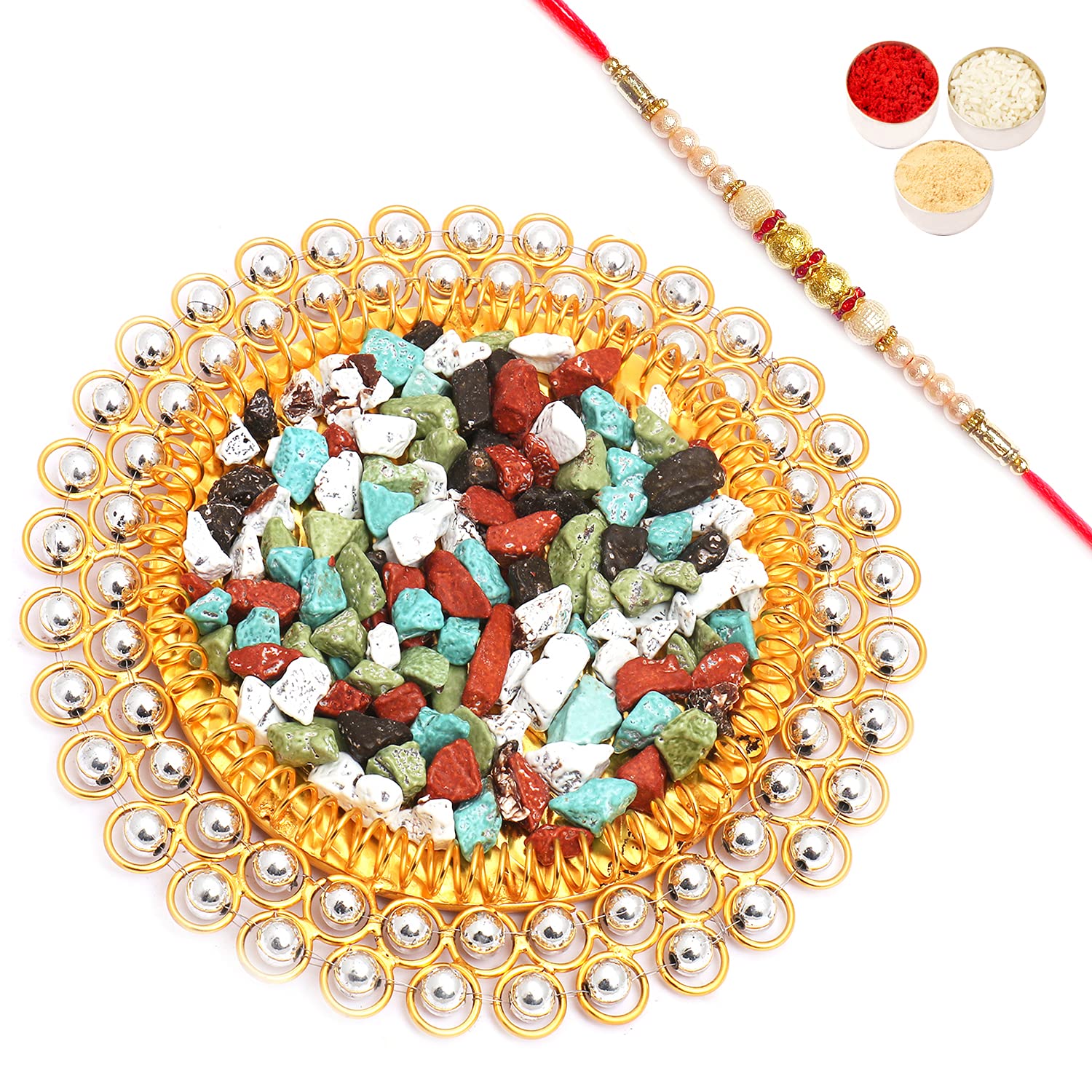 Ghasitaram Gifts Rakhi Gifts for Brothers Rakhi Chocolate Golden Crystal Stone Chocolate Thali with Pearl Rakhi