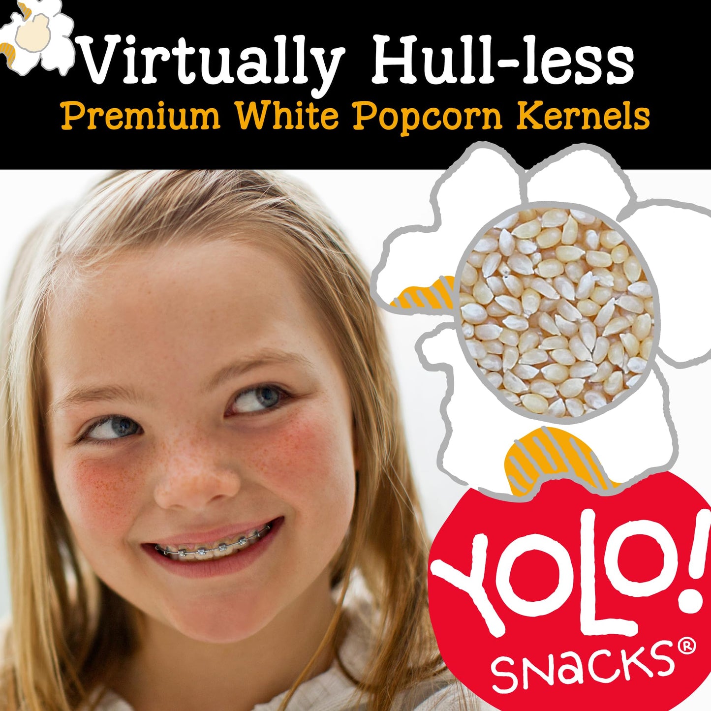 YOLO! Gourmet Virtually Hulless Popcorn Kernels, Premium White Butterfly Popping Corn, Non GMO, Gluten Free, Vegan, 32 Oz Resealable Bag (Pack of 1)