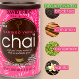 Flamingo Vanilla Decaffeinated Reduced Calorie Chai Tea Latte Mix, 48 Oz, Decaf Black Tea, Organic Spices, Sugar Free, Dairy Free, Serve Hot or Cold