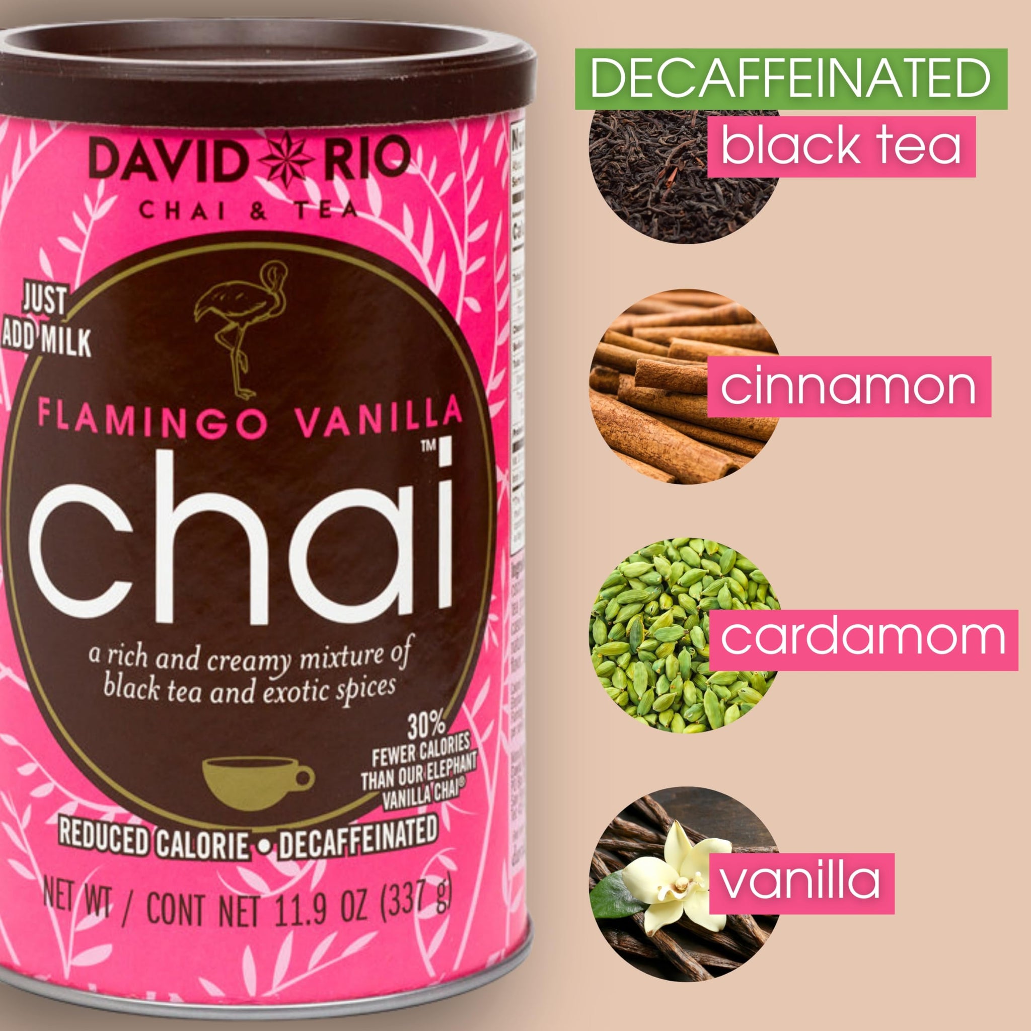Flamingo Vanilla Decaffeinated Reduced Calorie Chai Tea Latte Mix, 48 Oz, Decaf Black Tea, Organic Spices, Sugar Free, Dairy Free, Serve Hot or Cold