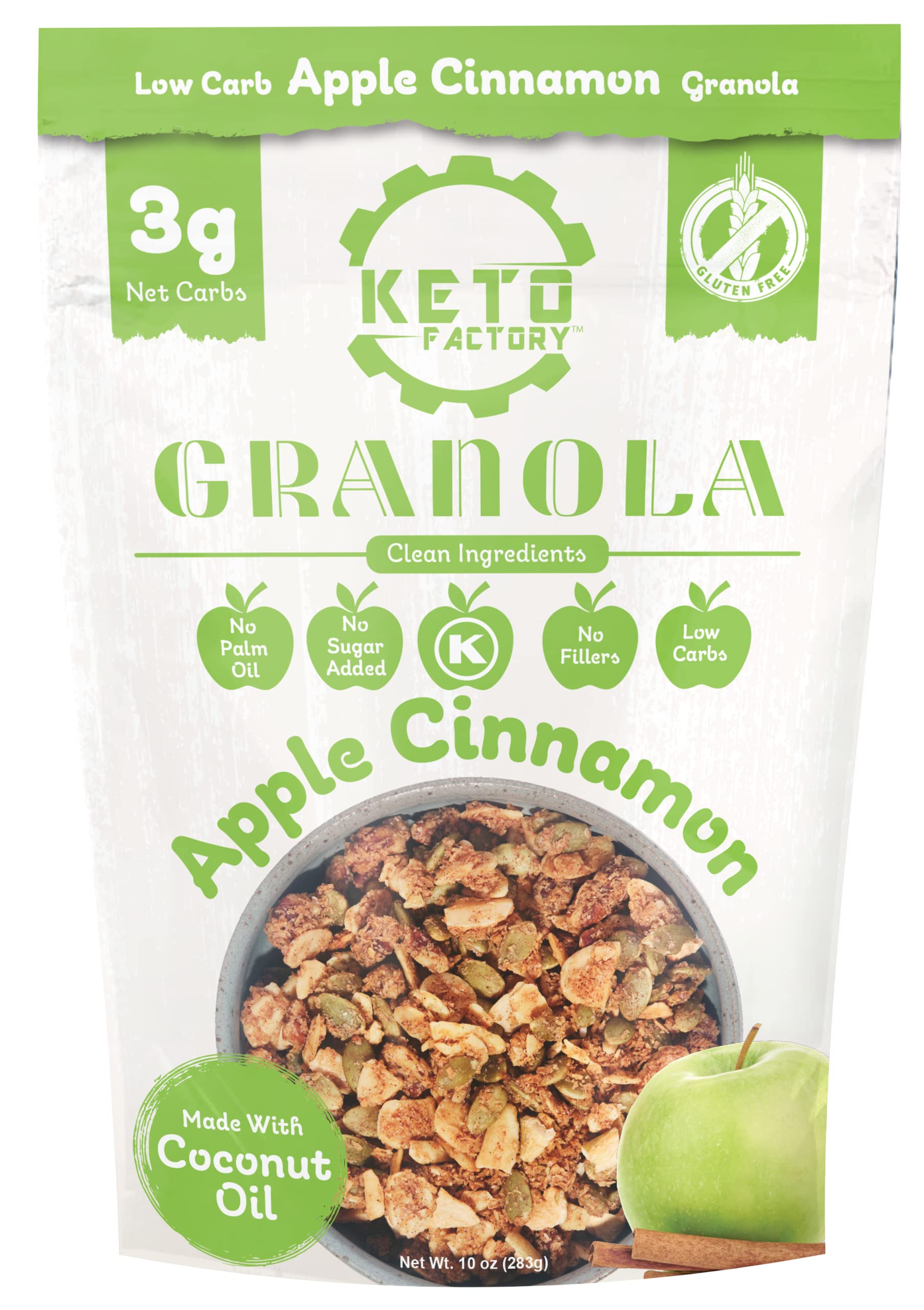 Keto Factory Apple Cinnamon Granola - 3g Net Carbs, Gluten Free, Diabetic Friendly Keto Snacks for Adult - No Added Sugar, Crunchy, and Nutrient Dense