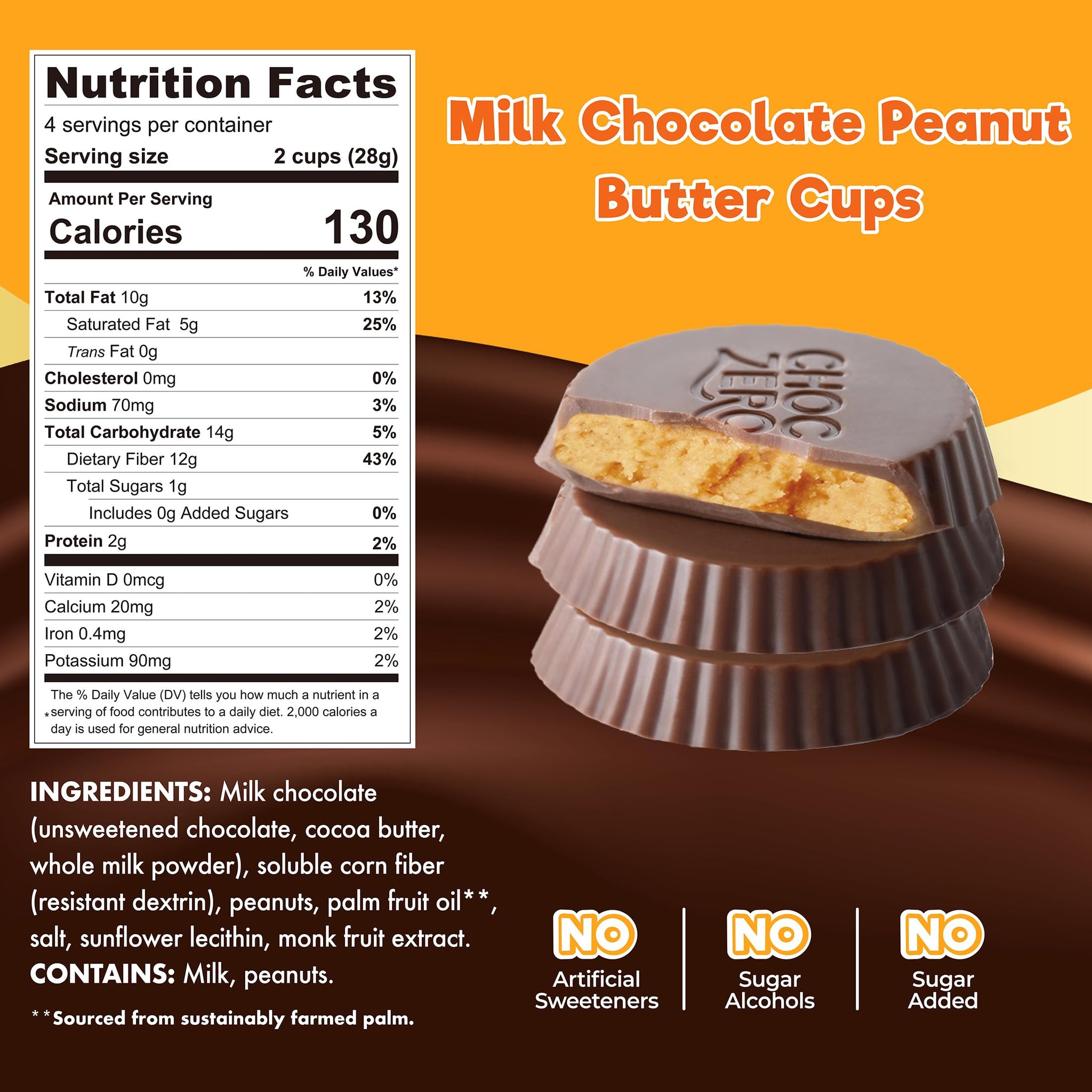 ChocZero Milk Chocolate Peanut Butter Cups, No Added Sugar, Low Carb Snack, High Fiber, Keto Friendly, 32 Total Cups (4 Ounce, Pack of 4)