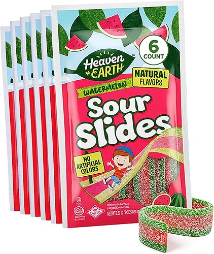 Heaven & Earth Watermelon Sour Slides Candy, 2.8 oz (6 Pack) | Sour Belts | Natural Flavors, No Artificial Colors | Made with Real Fruit Juice |