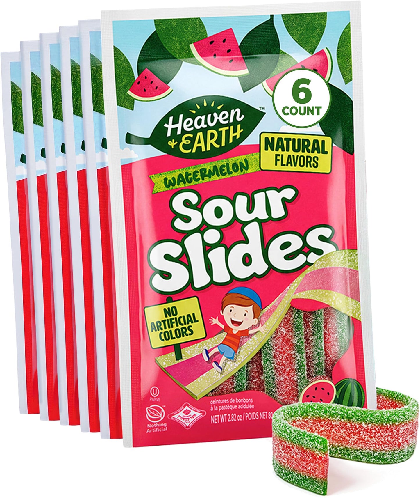 Heaven & Earth Watermelon Sour Slides Candy, 2.8 oz (6 Pack) | Sour Belts | Natural Flavors, No Artificial Colors | Made with Real Fruit Juice |