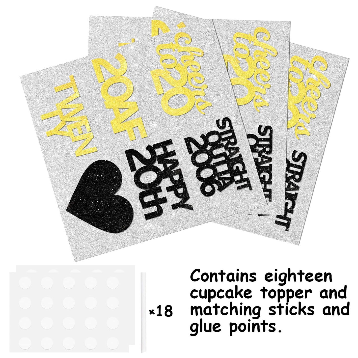 18pcs Black Gold Glitter Dessert Cupcake Pick for Straight Outta 2006 Cheer to 20 Years Old Theme Decor Supplies Happy 20th Birthday Party Decoration
