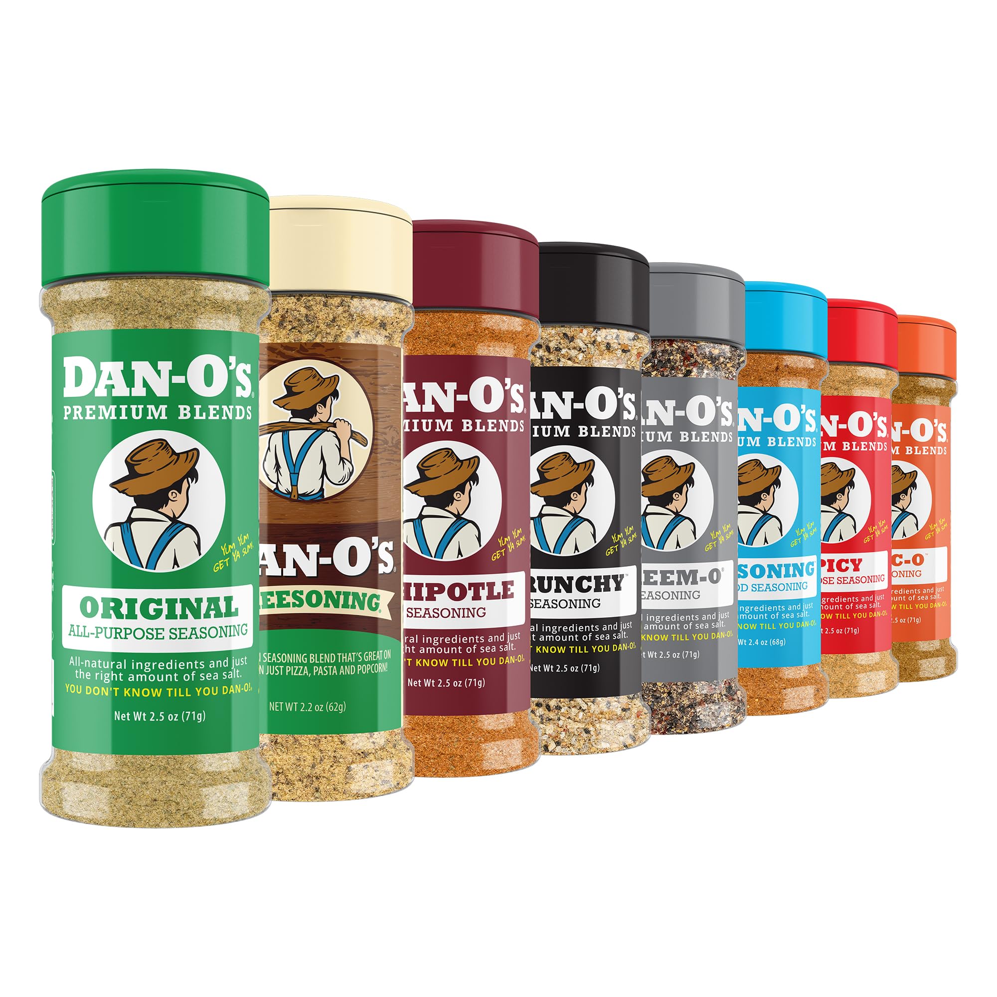 Dan-O’s Seasoning Variety Pack - 8 Bottle Set (Extra-Small Bottles) - Original, Spicy, Chipotle, Crunchy, Cheesoning, Preem-O, SEA-soning & Tac-O
