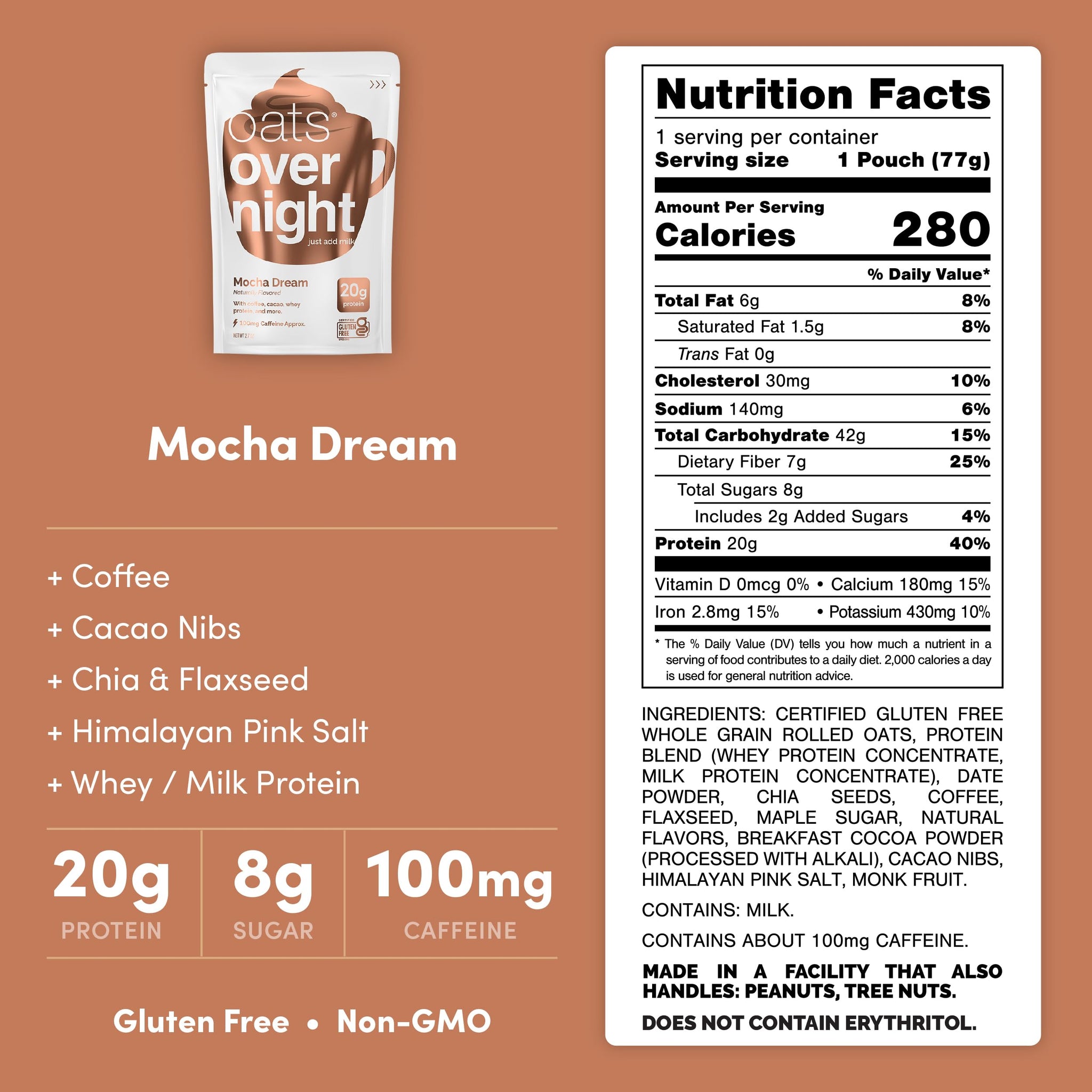 Oats Overnight - Mocha Dream - 20g Protein, High Fiber Breakfast Shake 100mg Caffeine - Gluten Free, Non GMO Oatmeal (2.7 oz per meal) (8 Pack)