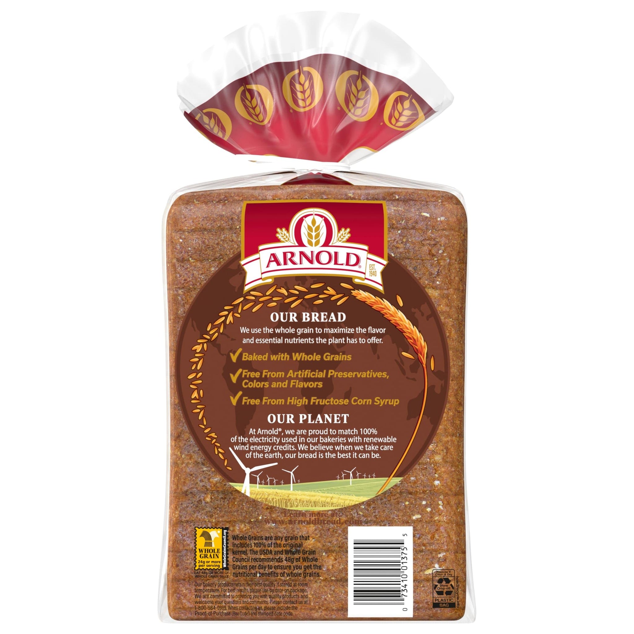 Arnold Whole Grains 100% Whole Wheat Bread, Wheat Bread Free From Artificial Colors, Flavors and Preservatives, 24 oz Loaf