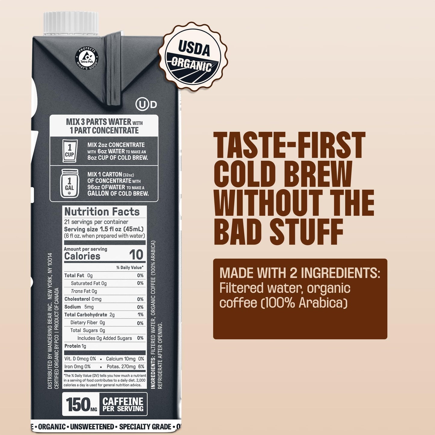 Wandering Bear Organic Unsweetened Extra Strong Cold Brew in a Box - Make Your Own Iced Coffee Drink with Wandering Bear Black Concentrate
