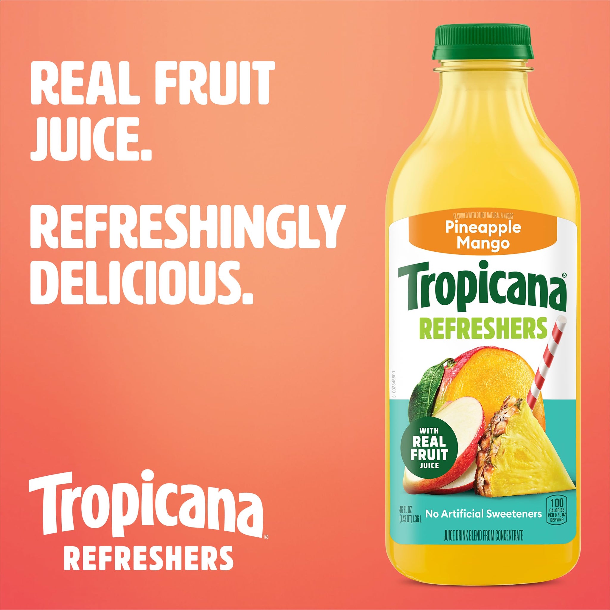 Tropicana Refreshers Pineapple Mango Juice Drink, with Real Fruit Juice, 46 fl oz Bottle