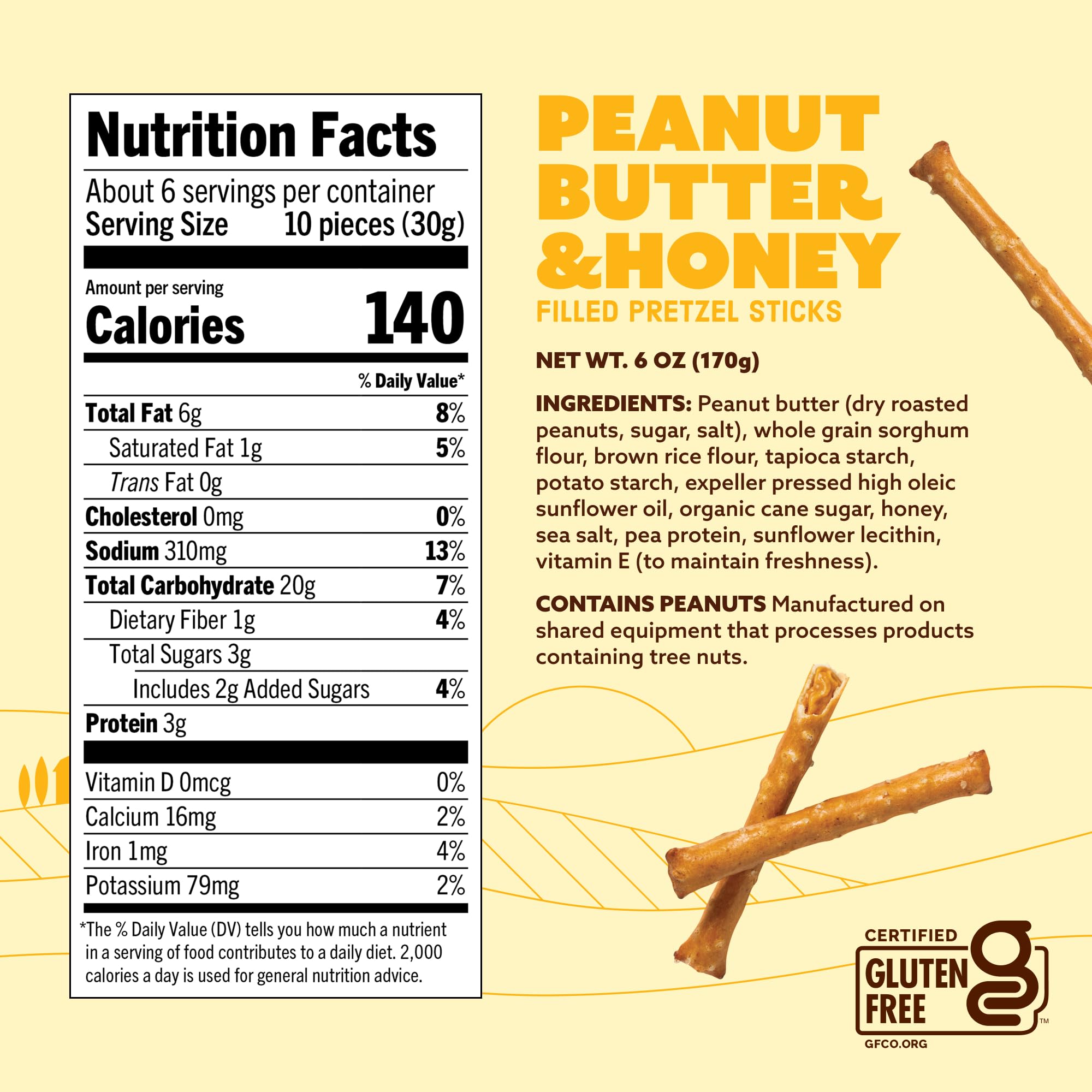 Quinn Snacks Peanut Butter & Honey Filled Pretzel Sticks - Gluten Free Snack, Sweet & Salty, Made with Real Natural Ingredients, Peanuts, Sorghum