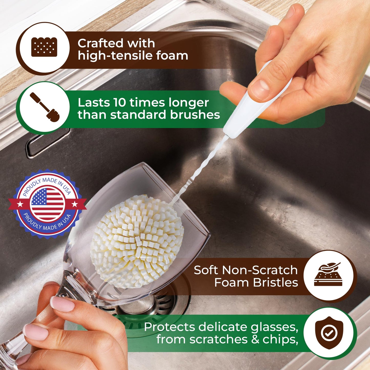 Tupkee Small Glass Cleaning Brush - Soft Non-Scratch Foam Bristles - Glass Cleaner Brush for Brandy, Cognac, Small Goblets, Crystal Glasses & Mugs