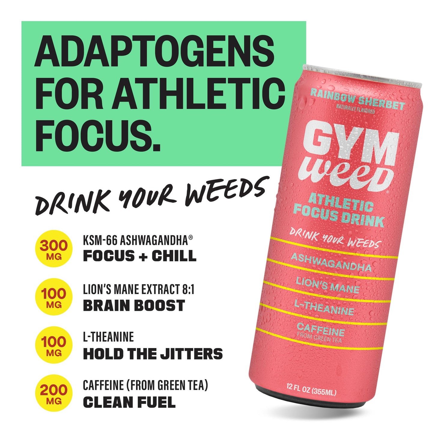GYM WEED Athletic Focus Drink with KSM-66 Ashwagandha, Lion's Mane Mushroom, L-Theanine, 200mg Green Tea Caffeine with Natural Sweeteners Rainbow