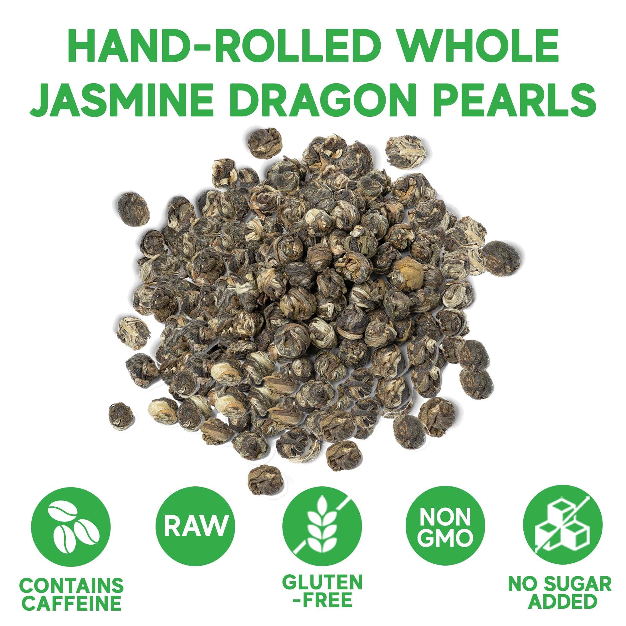 Sou Zen Jasmine Dragon Pearls Tea 4oz (113g) | Premium Quality Hand-Rolled Green Tea | Raw, Non-GMO and Naturally Organic | No Preservatives