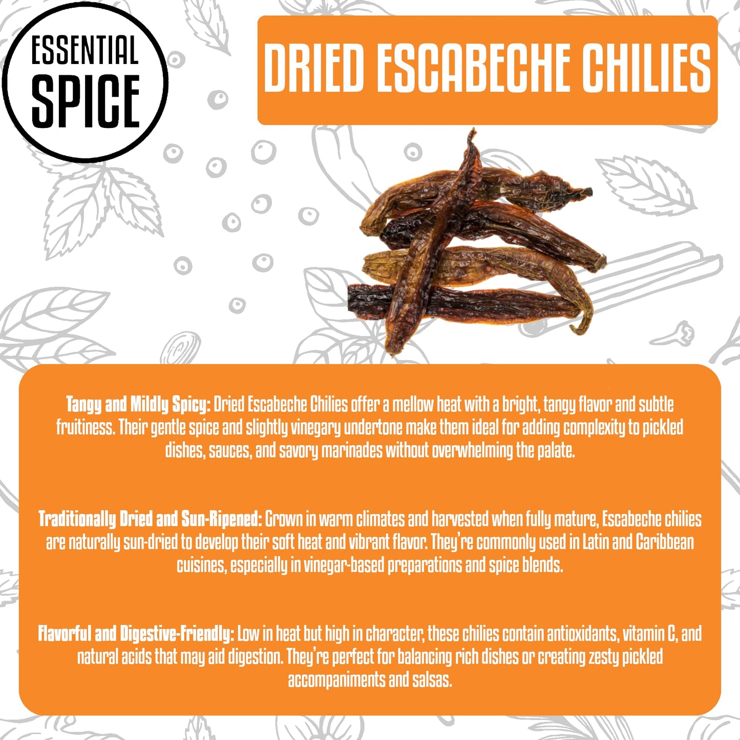 Essential Spice Dried Escabeche Chilies - Medium Heat with Tangy, Fruity Flavor - Whole Dried Yellow Chilies for Pickling, Salsas, Sauces & Latin