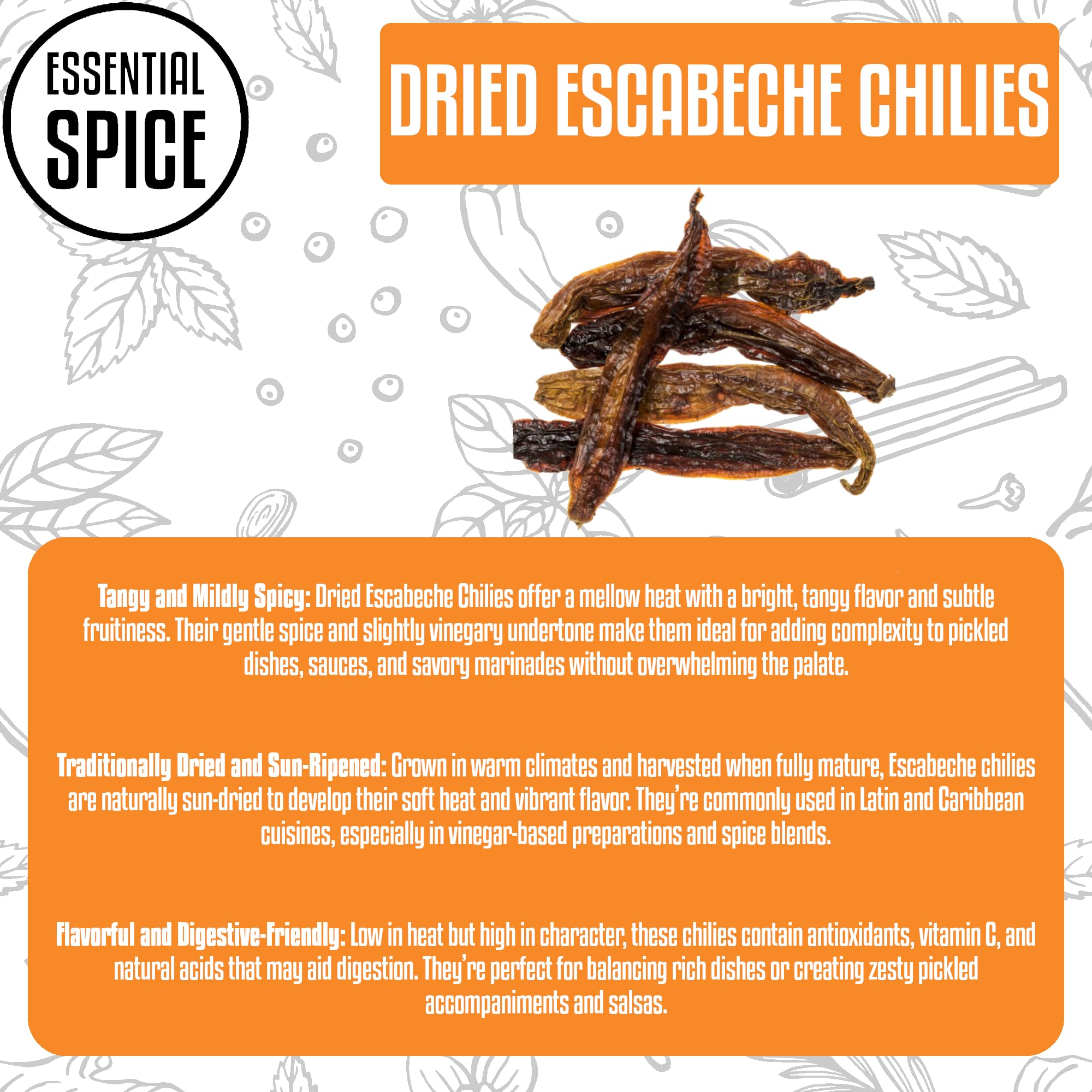 Essential Spice Dried Escabeche Chilies - Medium Heat with Tangy, Fruity Flavor - Whole Dried Yellow Chilies for Pickling, Salsas, Sauces & Latin