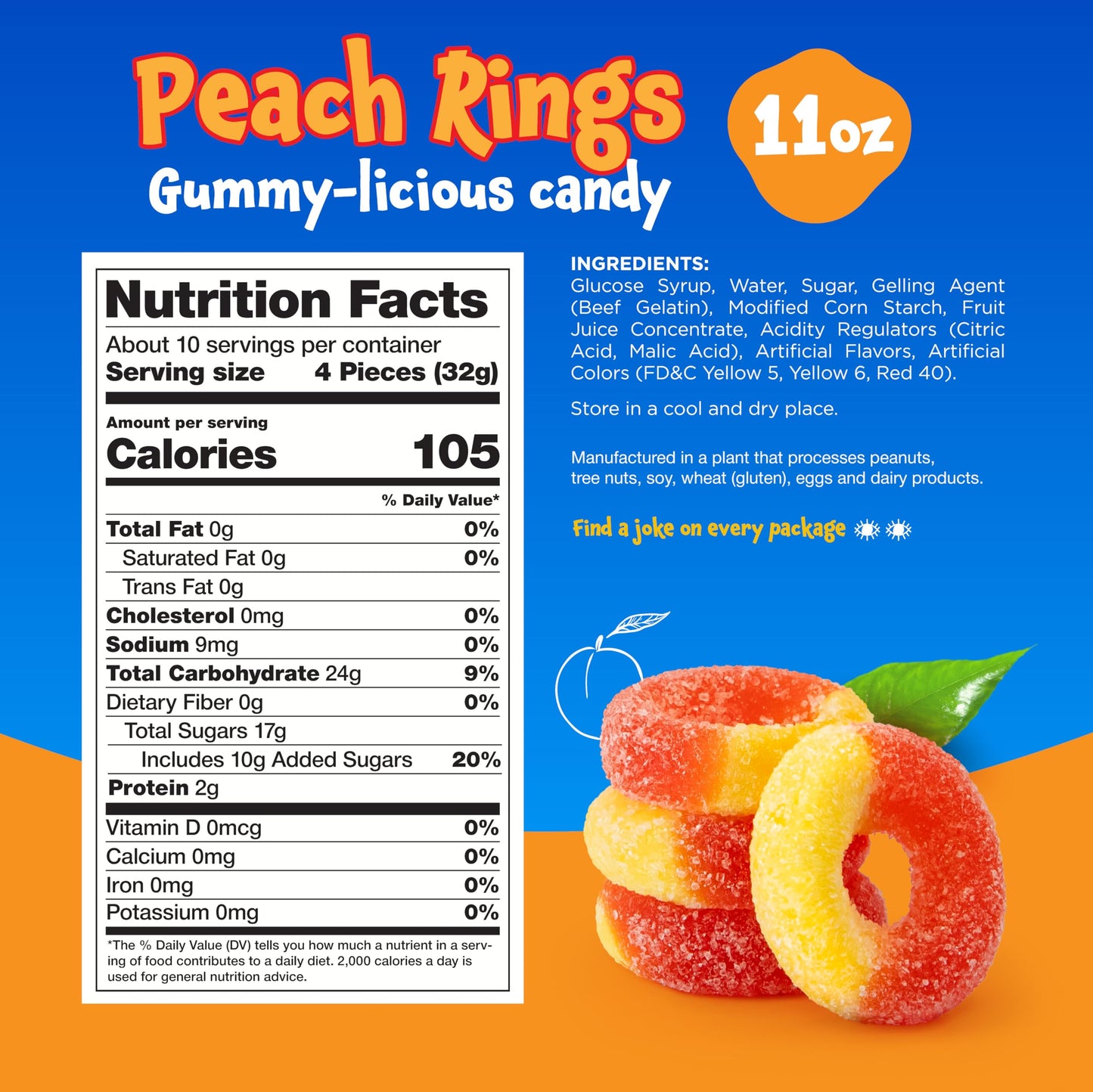 Peach Rings - 11 Ounce Pack - Gummy Candies - Sugar Coated Sweet & Sour Candy - Peach Gummies for Snacking, Sharing, Office Jars & Gift Baskets - Soft