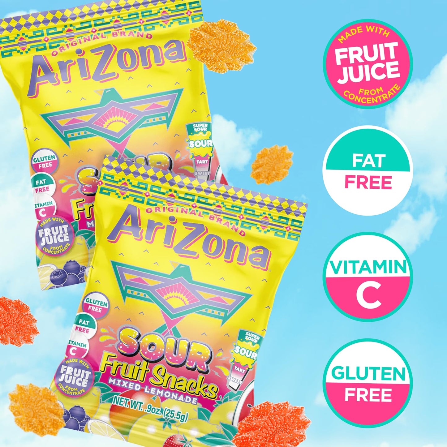 AriZona Fruit Snacks, Sour Lemonade - 10 Boxes of 10 ct. 0.9oz Bags (Total 100 ct. 0.9oz Bags) - Gluten Free - Gummy Chews