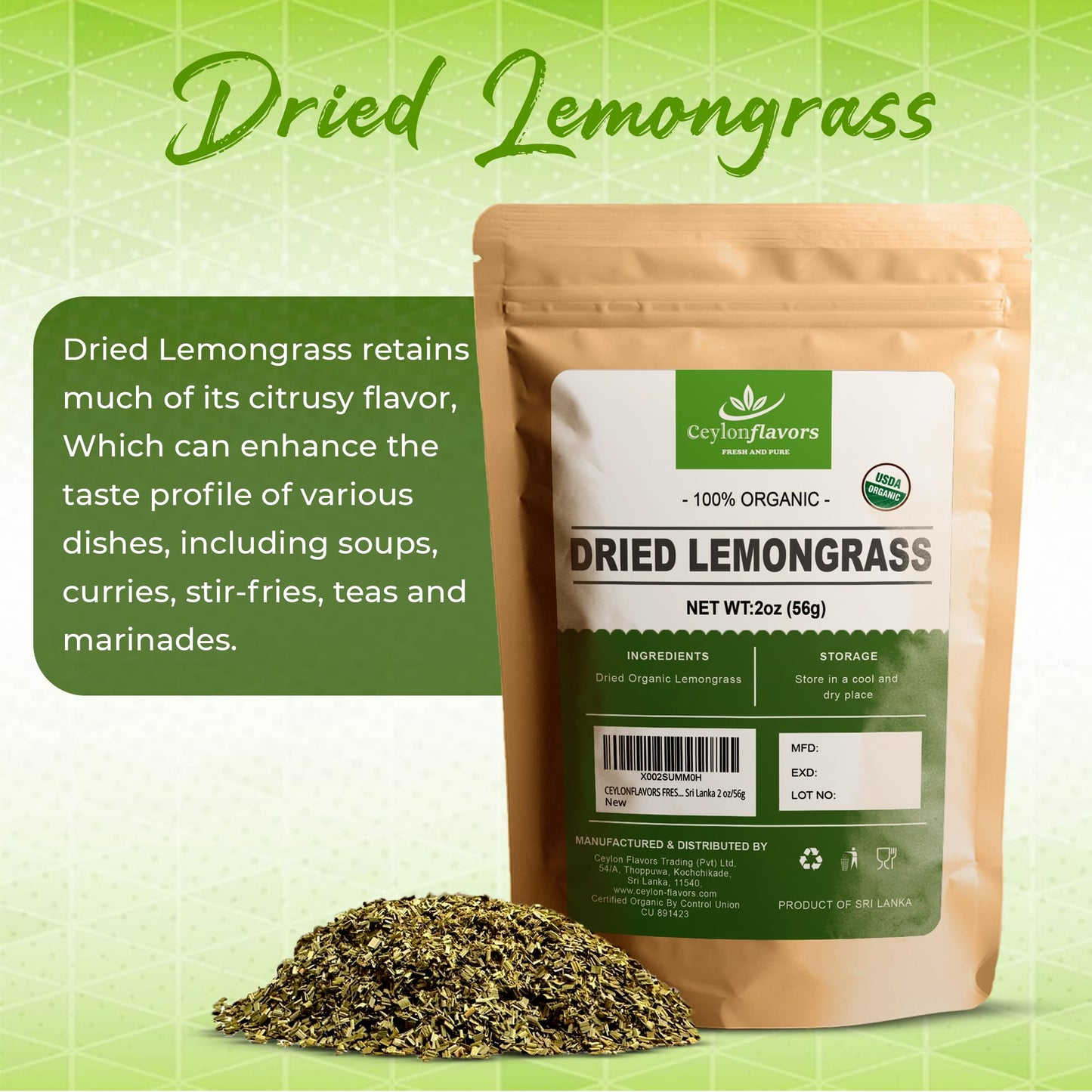 CEYLONFLAVORS FRESH AND PURE Organic Premium Grade Dried Lemon Grass Cut, harvested from a Organic Farm in Sri Lanka 2 oz/56g