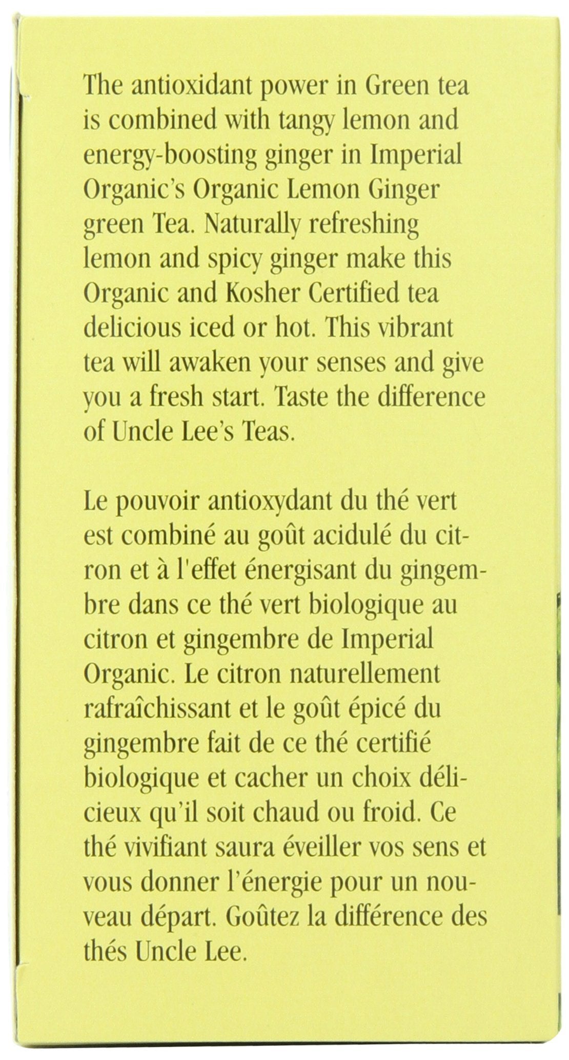 Uncle Lee's Tea Organic Lemon Ginger Green Tea, 100% Natural Premium Green Tea Bags, Fresh Flavor, Enjoy with Honey, Hot Tea or Iced Tea Beverages, 4