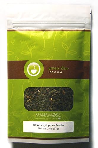 Mahamosa Strawberry Lychee Sencha Tea 2 oz - Loose Leaf Flavored Green Tea Blend (with flavoring, freeze-dried strawberry pieces, jasmine blossoms