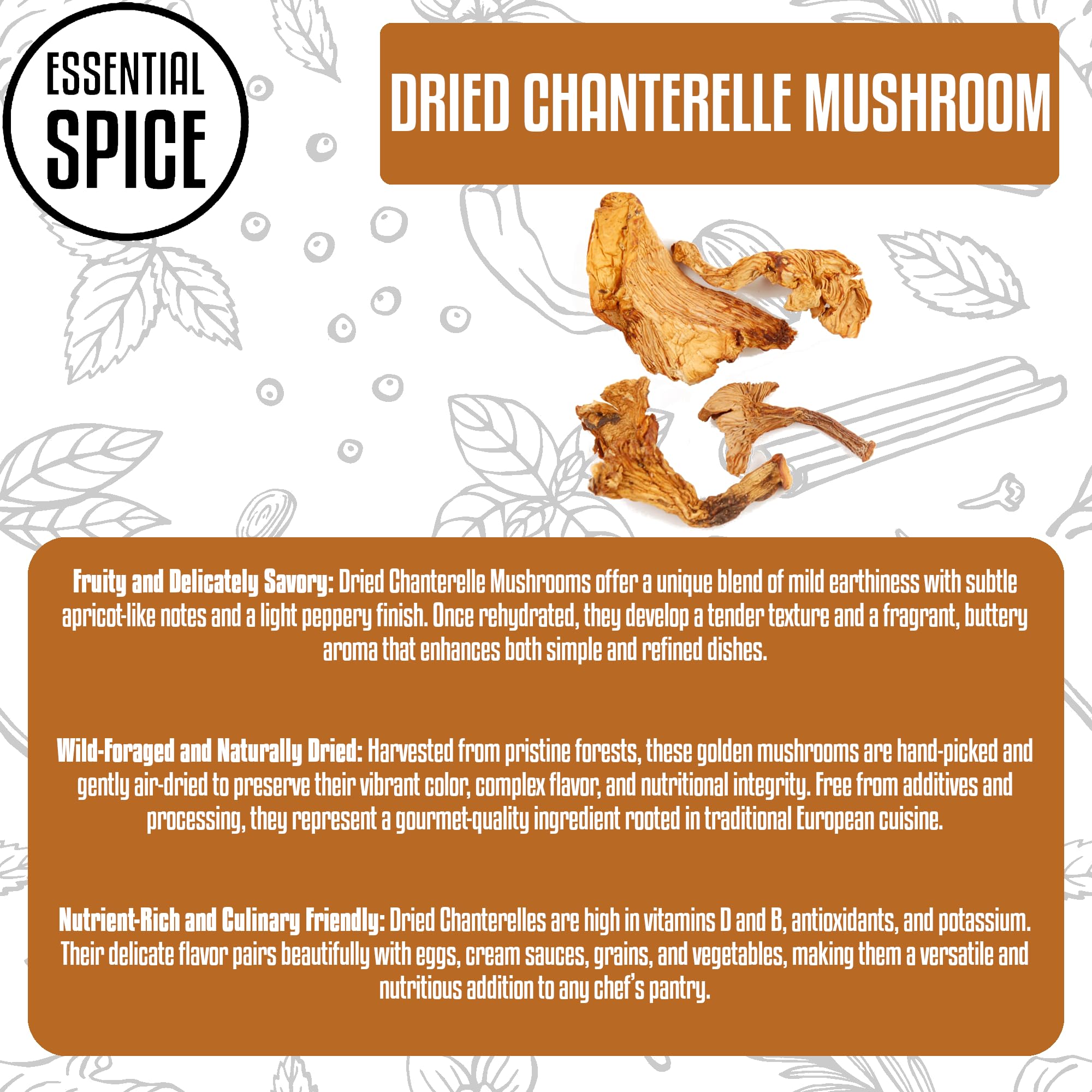 Essential Spice Dried Chanterelle Mushrooms - Whole, Golden & Earthy Flavor - Gourmet Quality for Sauces, Risottos, Pasta & Game Meats - Easy