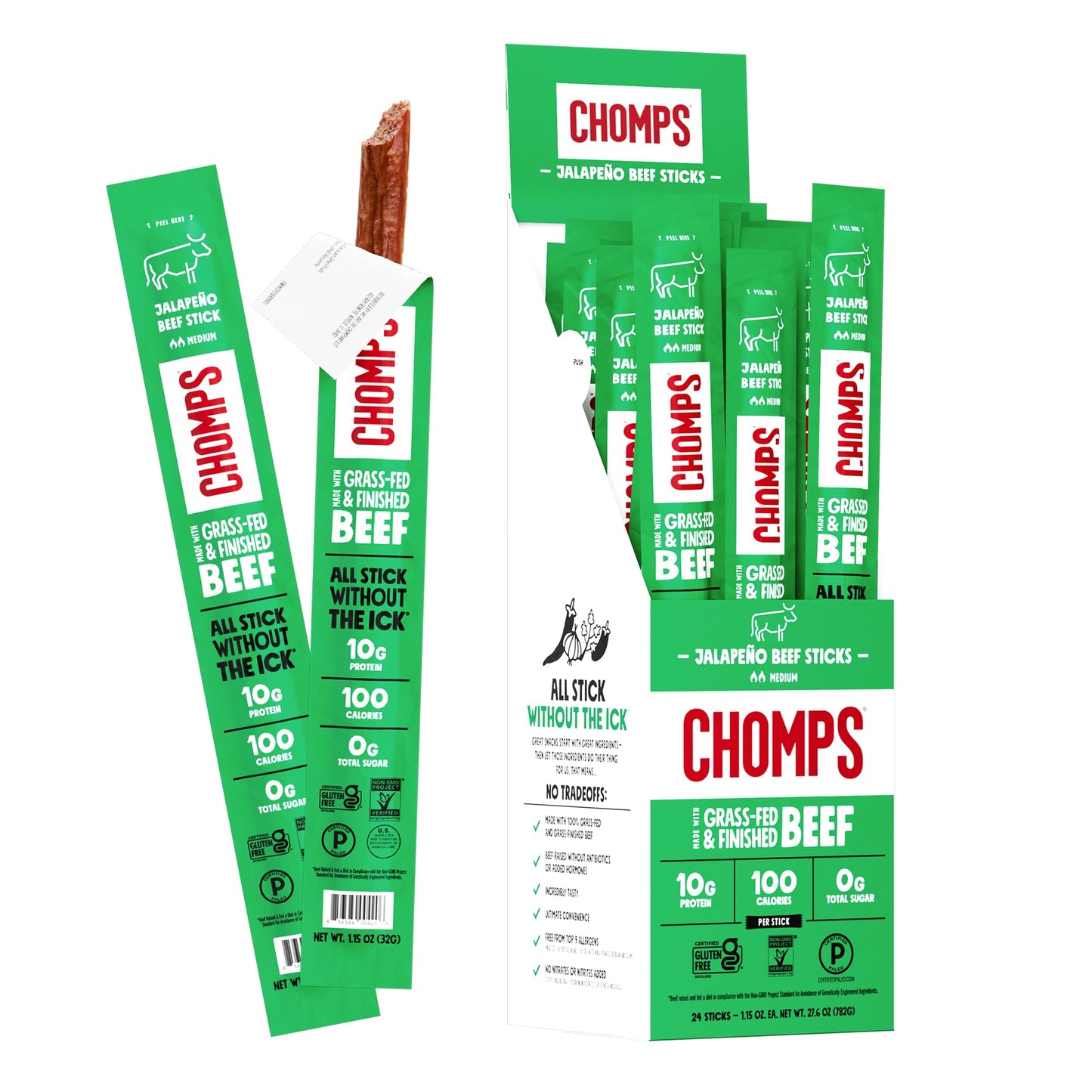 Chomps Grass-Fed and Finished Jalapeño Beef Jerky Snack Sticks 24-Pack - Keto, Paleo, Whole30, 10g Lean Meat Protein, Gluten-Free, Zero Sugar Food