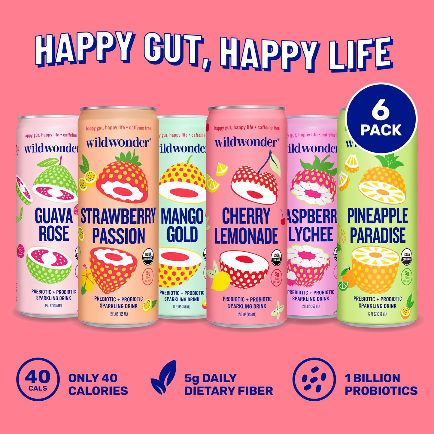 wildwonder Sparkling Probiotic Drink 6pk, For Gut Health & Immune Support, Classic Variety Pack, 5g Prebiotic Fiber, Live Probiotics, Organic, Vegan