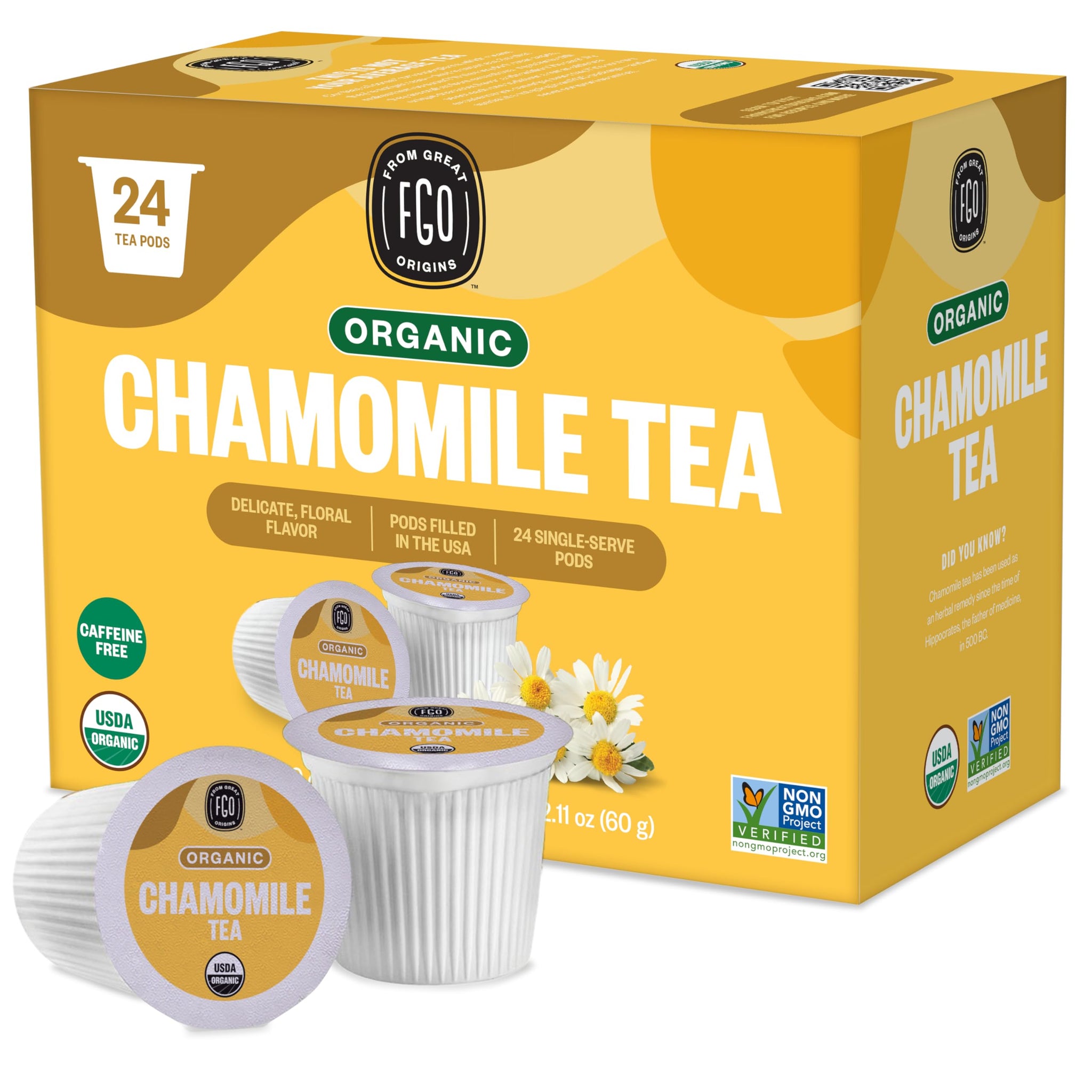 FGO Organic Chamomile Tea K-Cup Pods for Keurig, 24 Count (Pack of 1), Naturally Caffeine-Free Herbal Tea, USDA Organic, Non-GMO, & Recyclable