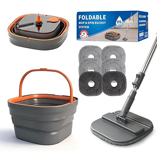 Collapsible Mop and Bucket Set, Spin Mop with Separate Dirty and Clean Water, 6 Replaceable Mopping Pads with Foldable Handle, Deep Cleaning Mops