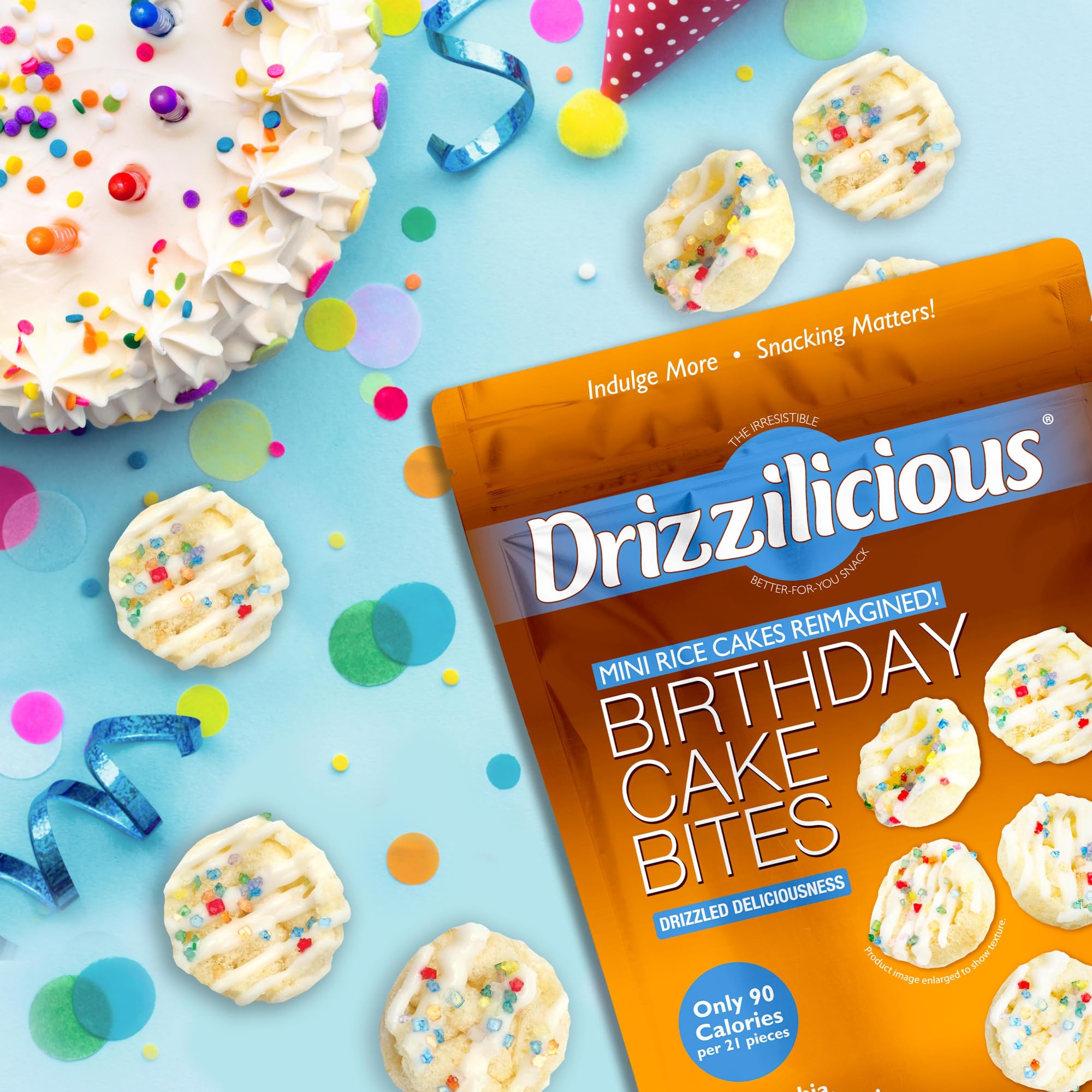Drizzilicious Mini Flavored Rice Cakes Birthday Cake - Rice Crisps, Healthy Snack for Adults and Kids, Vegan, Gluten Free Snack, Allergen Free, Only