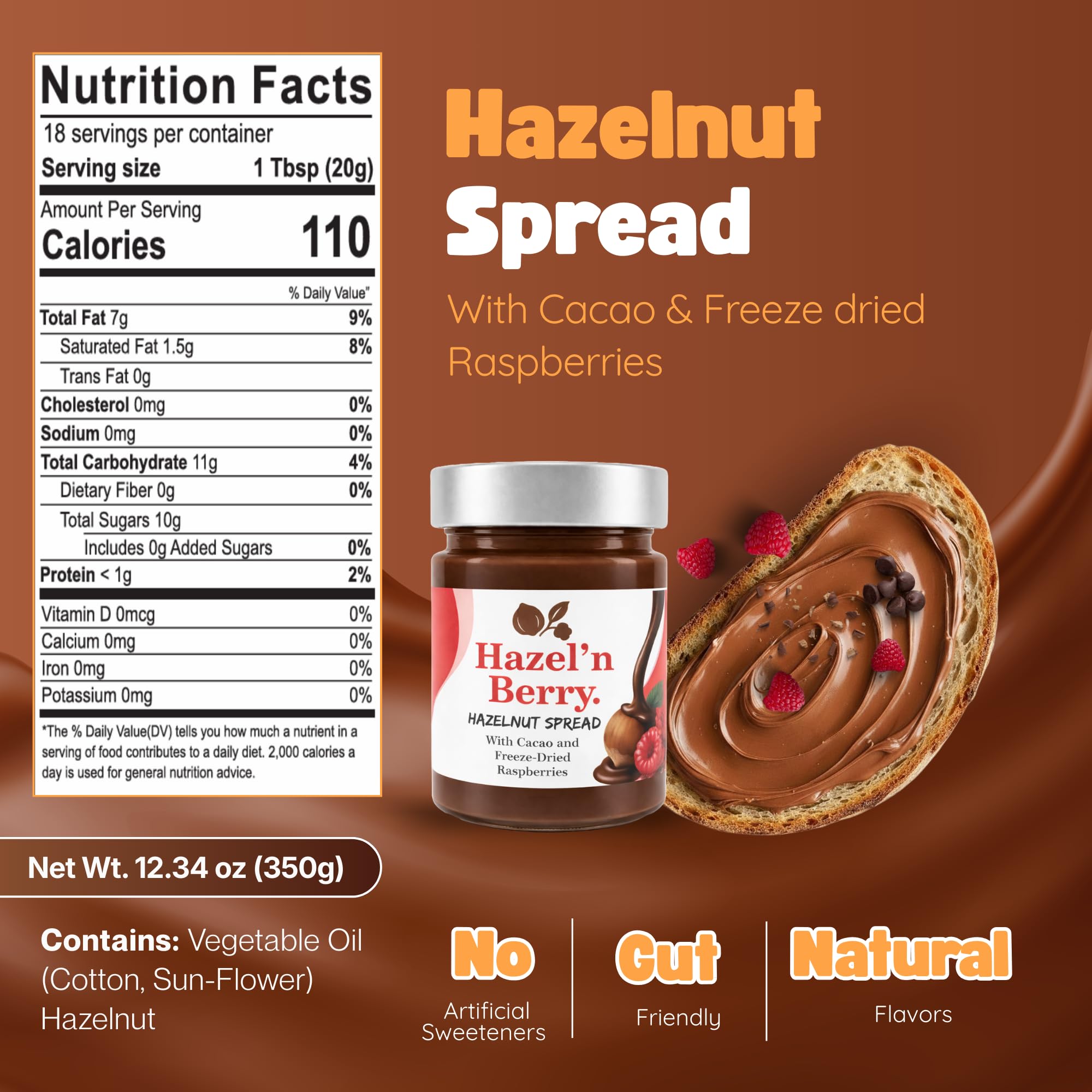 Hazel’n Berry Hazelnut Cacao Spread with Freeze-Dried Raspberries, Creamy Chocolate Hazelnut Spread, No Palm Oil, Breakfast Favorite 12.34 oz Jar