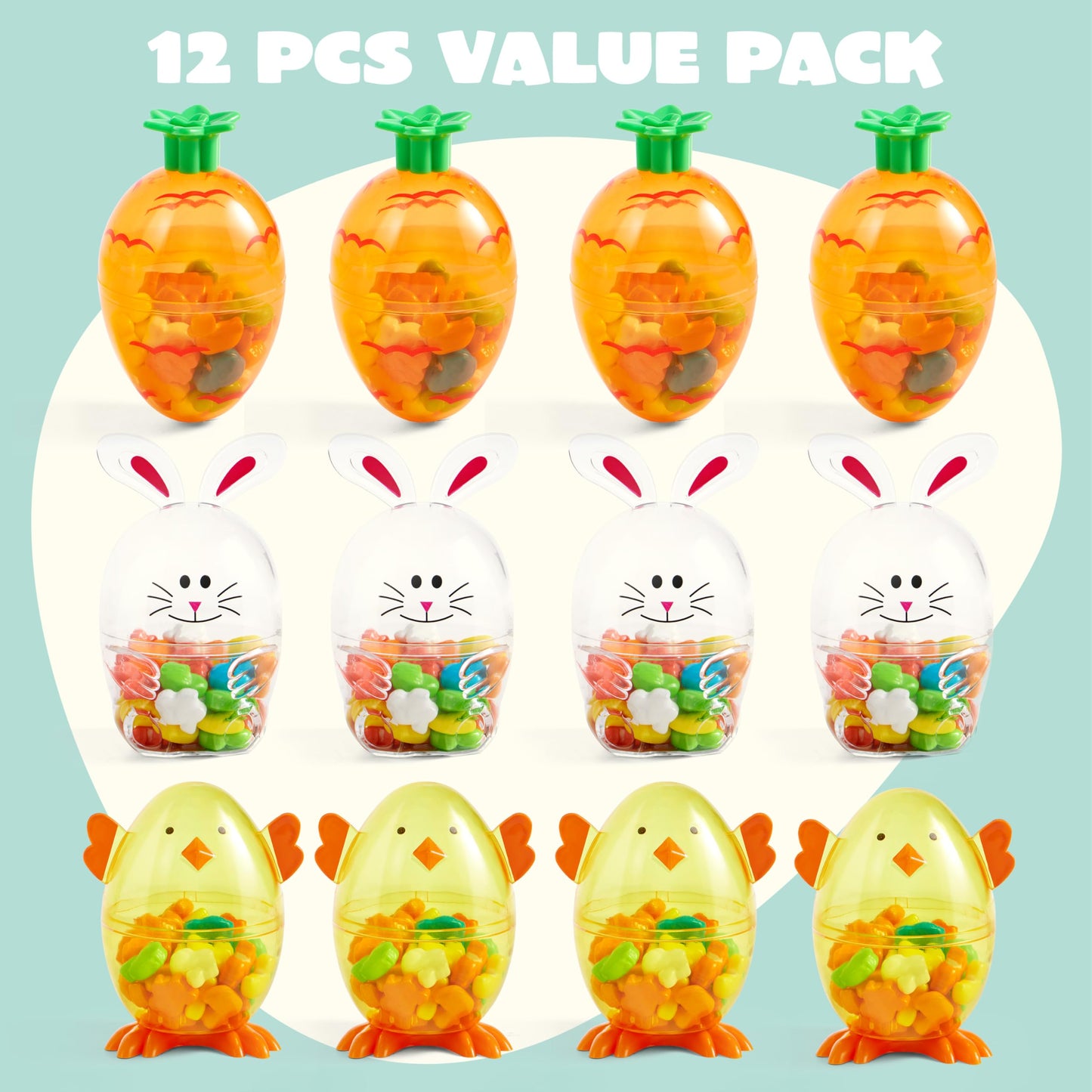 SYNCFUN 12pcs Easter Candy Filled Eggs Shell Carrot, Chick and Bunny Shaped, Includes Duck, Chick and Bunny Shaped Candies, Easter Basket Fillers