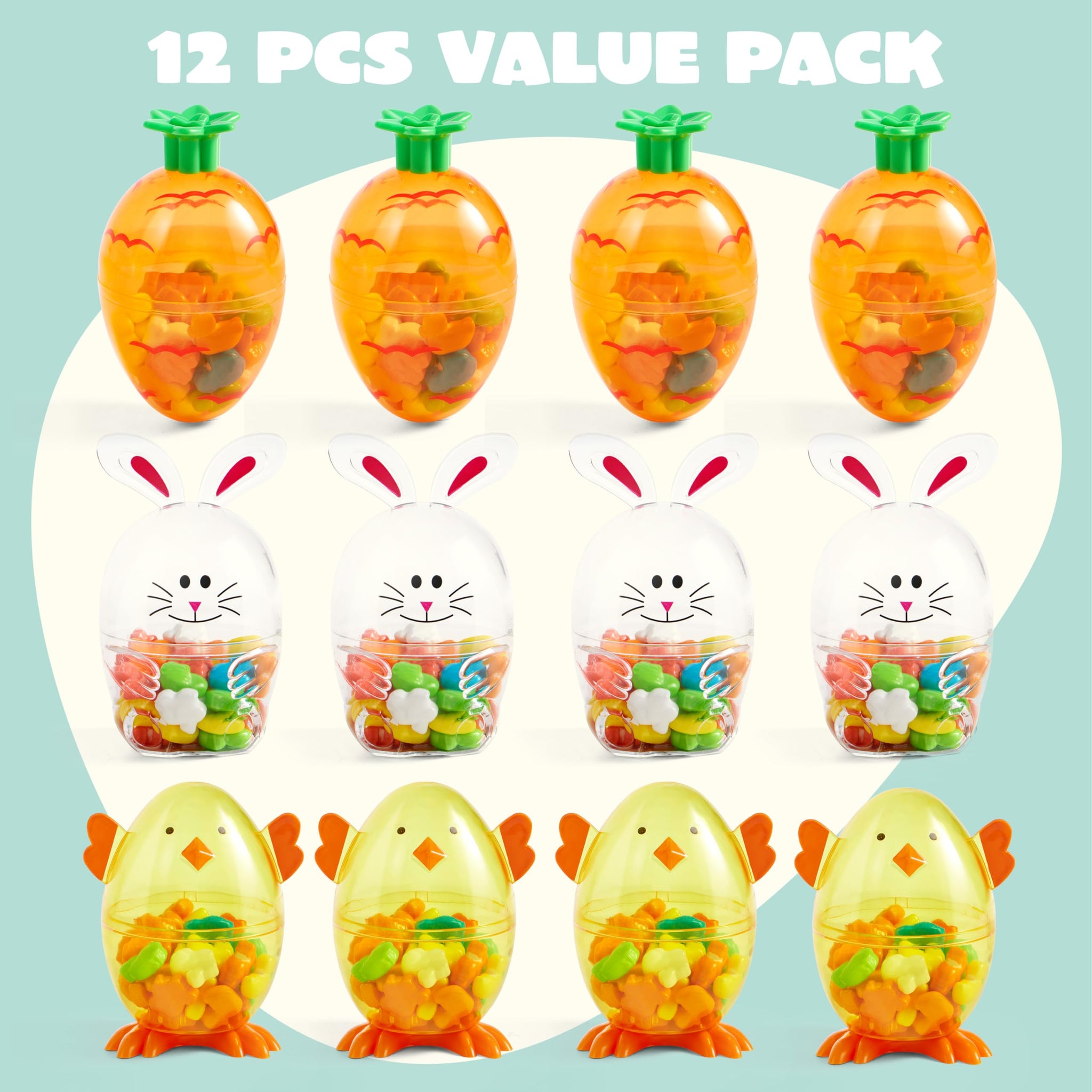 SYNCFUN 12pcs Easter Candy Filled Eggs Shell Carrot, Chick and Bunny Shaped, Includes Duck, Chick and Bunny Shaped Candies, Easter Basket Fillers
