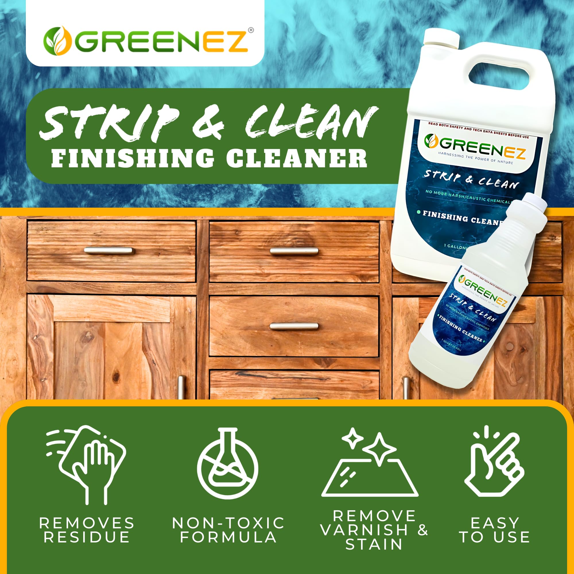 GREENEZ Cleaner | Heavy-Duty Stripper Residue & Grease Remover for Wood | Concentrated Kitchen Degreaser & Stain Remover | Prepares Surfaces for New