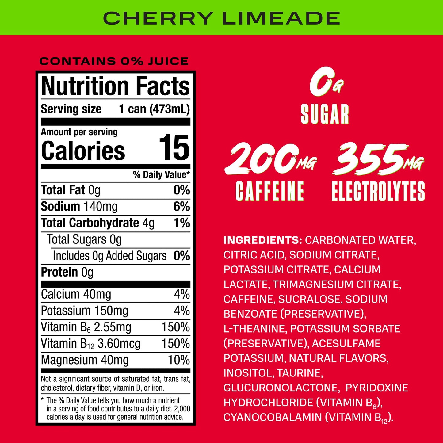 PRIME Energy CHERRY LIMEADE, Sugar Free Energy Drink, 200mg Caffeine and 355mg of Electrolytes for Hydration, Low Calorie, Vegan, Gluten Free, 16