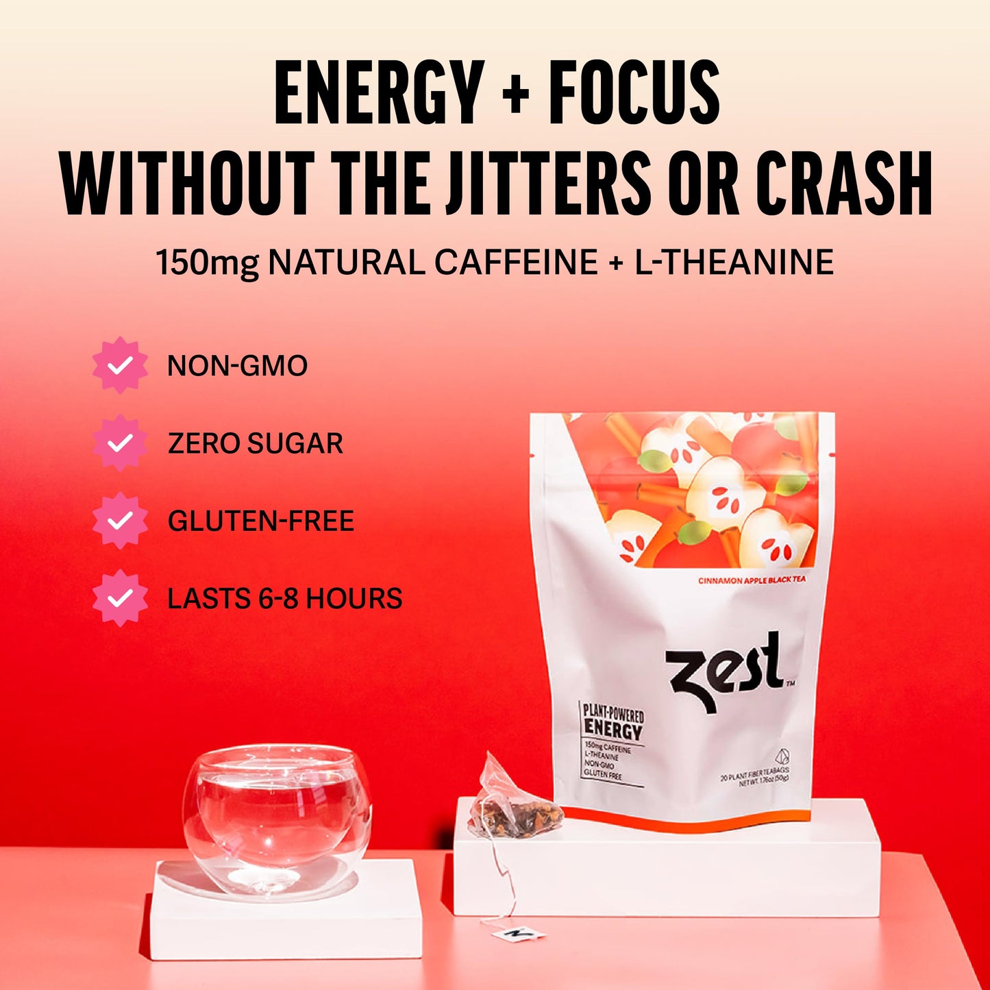 Zest Cinnamon Apple Spice Energy Tea - High Caffeine Black Tea Bags for Focus, Clarity & Morning Energy - Natural Non-GMO Caffeinated Breakfast Tea
