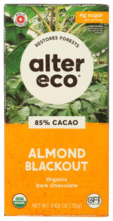 Alter Eco Organic Dark Chocolate Bar, Almond Blackout, 85% Cacao, 2.65 oz (75 g)