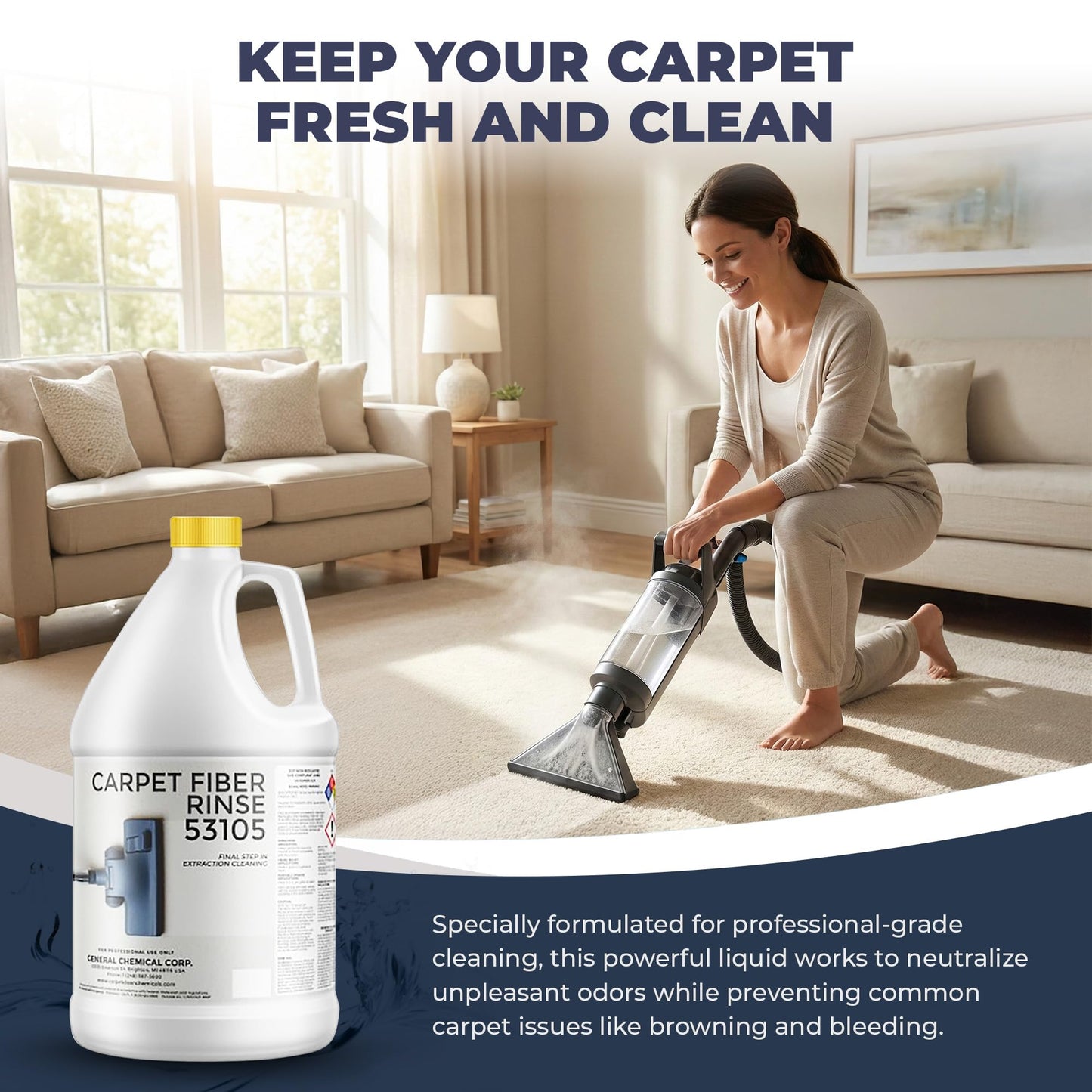 CarpetGeneral- Carpet Fiber Rinse & Odor Neutralizer Solution 53105|Prevent Browning, Bleeding & Odors with Top Carpet Cleaner Liquid|Carpet Fiber