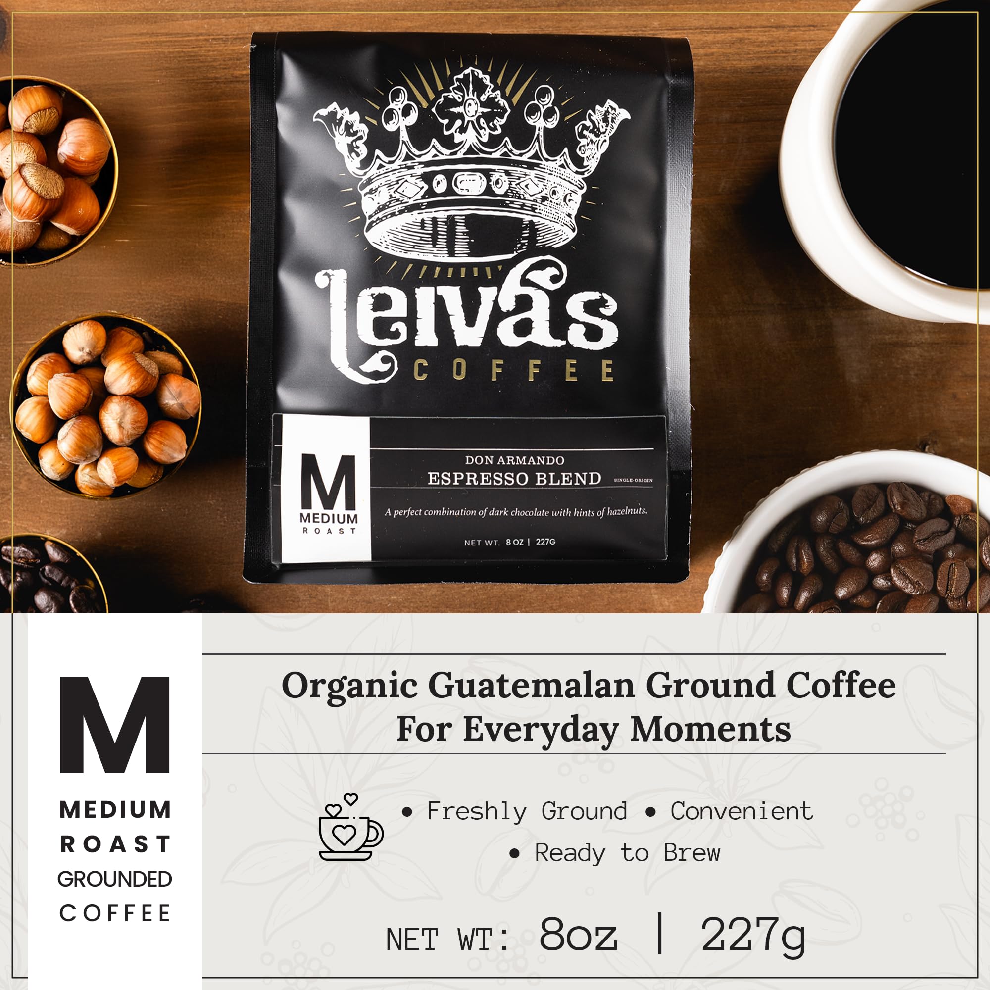 Leiva’s Medium Roast Espresso Ground (8oz), Freshly Roasted, Micro-Lot Guatemalan Coffee Beans - Don Armando Espresso Coffee Ground w/Chocolate
