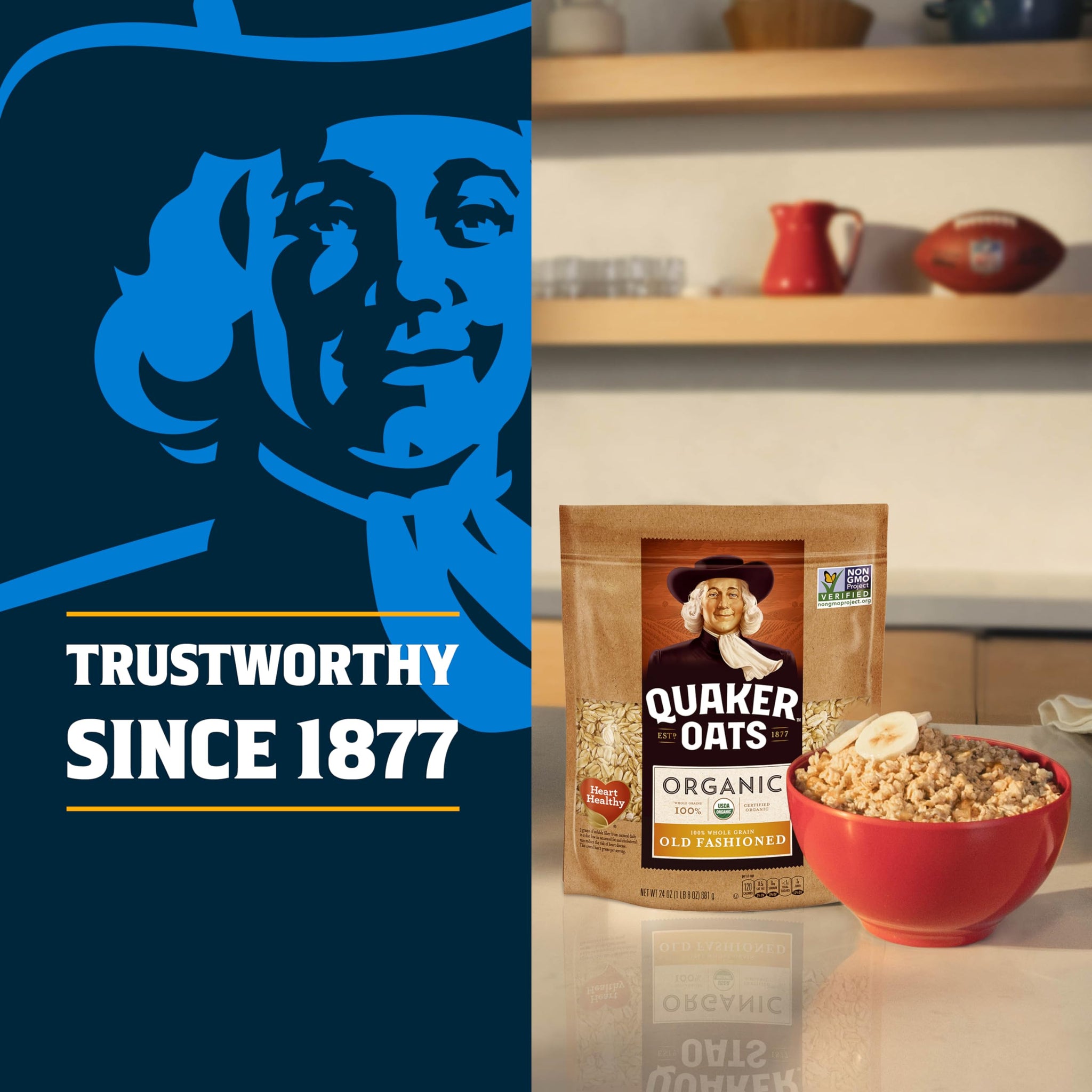 Quaker Organic Quick Cook Oatmeal, Breakfast Cereal, Non-GMO Project Verified, 24 Oz(Pack of 4)